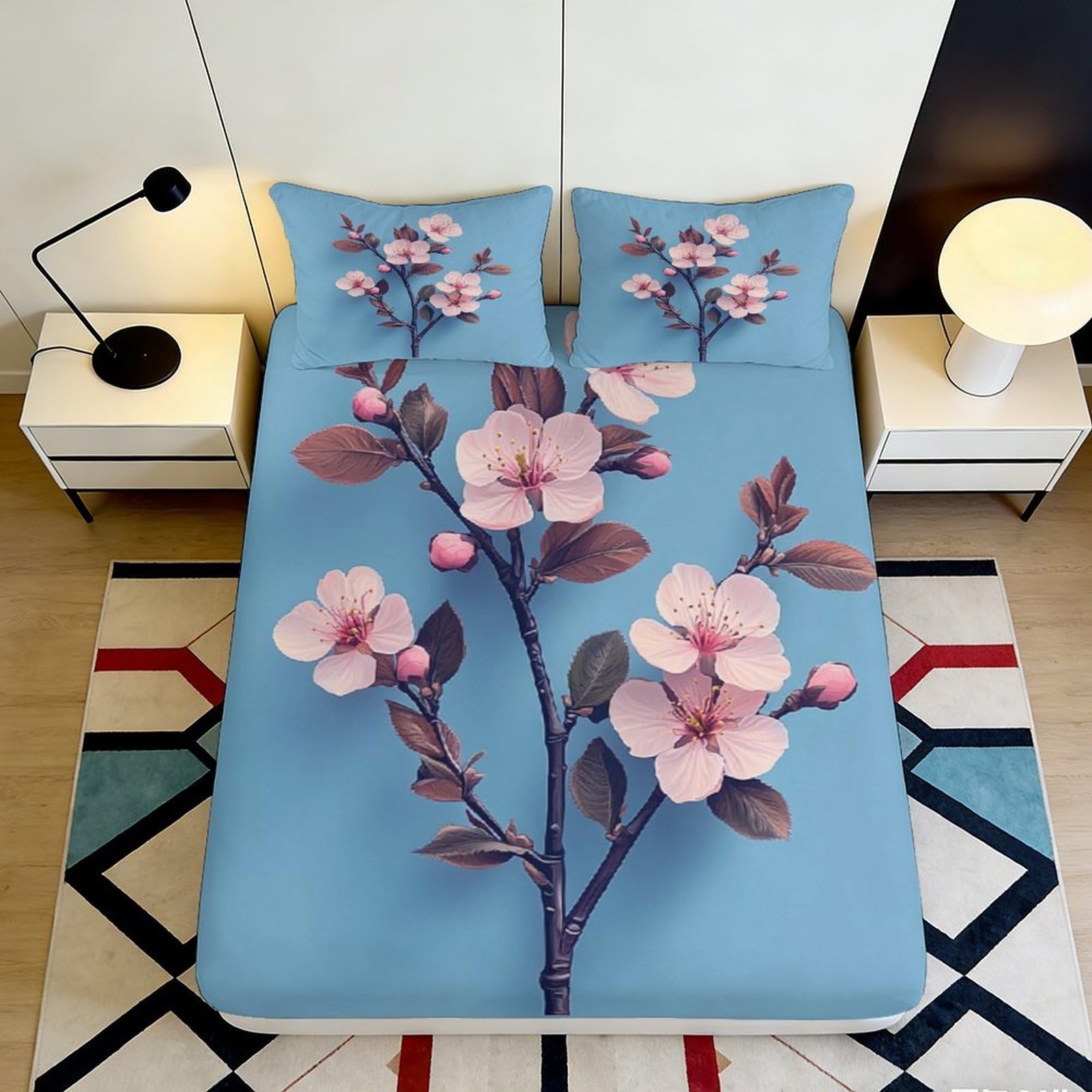 Jqzkxnhpbr Style-2 3D Printed Sakura Blossom Fitted Sheet Microfiber Soft Blue Floral Mattress Cover For Bedroom Dorm Decorative Protection 90X200x25cm