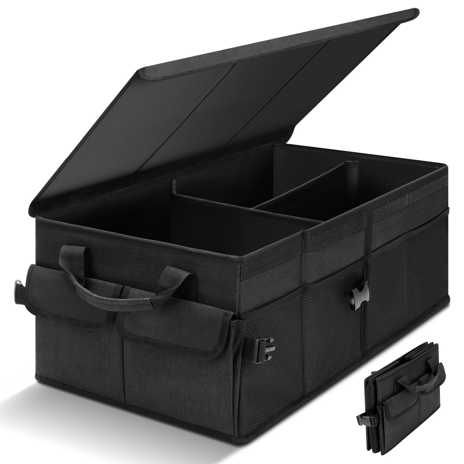 Cozary Rangement Coffre de Voiture avec Couvercle, 46 L Organisateur Voiture Pliable, Tissu Oxford Imperméable, Base Antidérapante pour Famille et Voyages