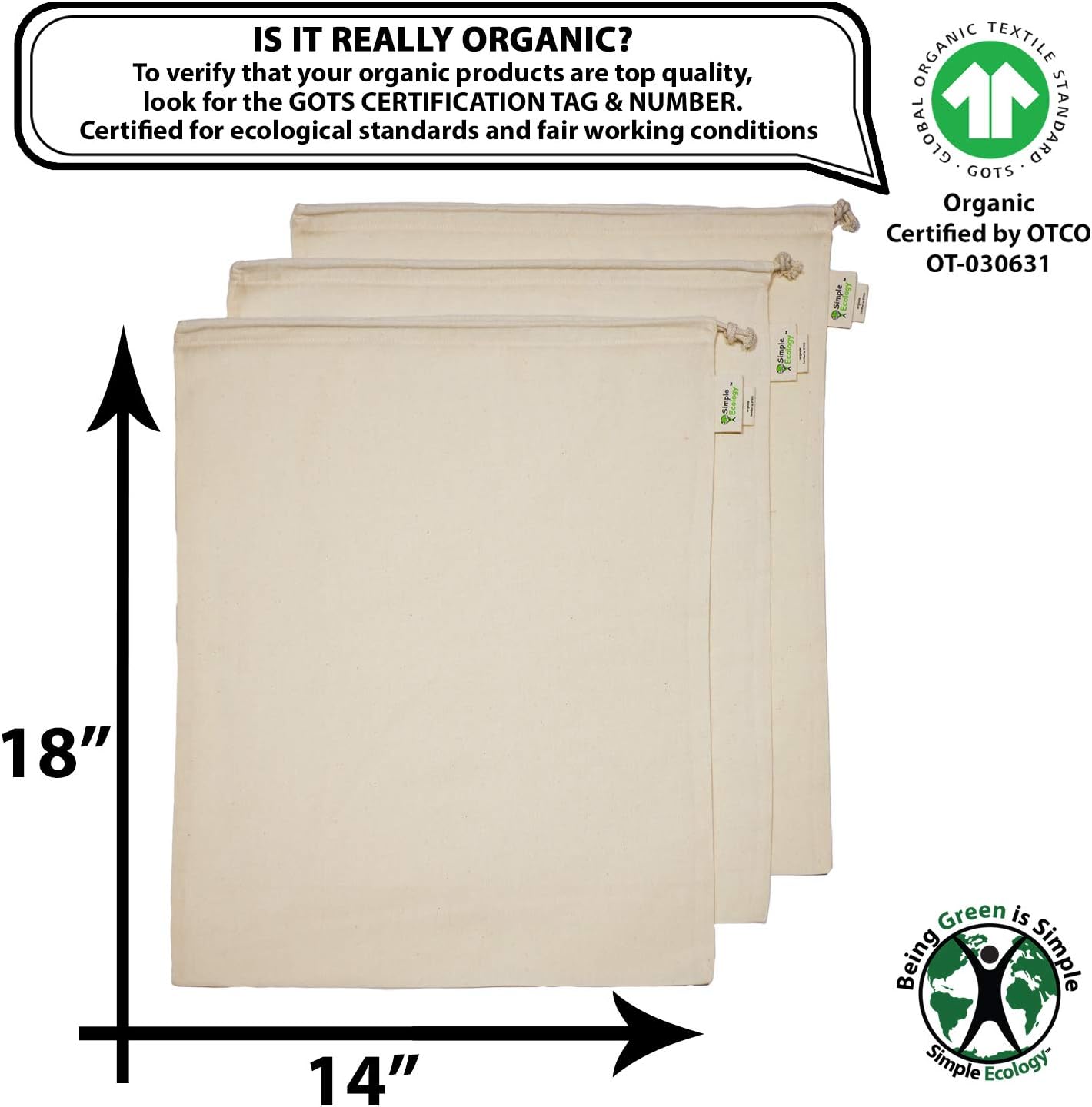 Simple Ecology Reusable Grocery Produce Shopping and Storage Bags, Organic Cotton Muslin, XLarge 3 pack - Image 3