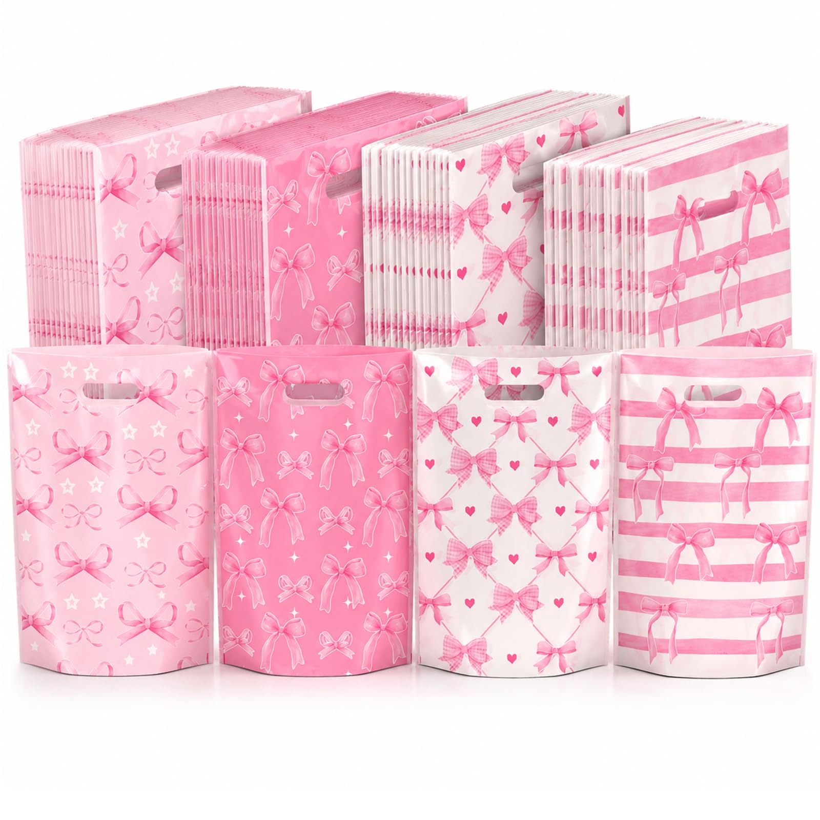 50 Pcs Pink Bow Party Bags, Pink Bow Gift Bags, Pink Party Bag with Handles for Birthday, Babshower