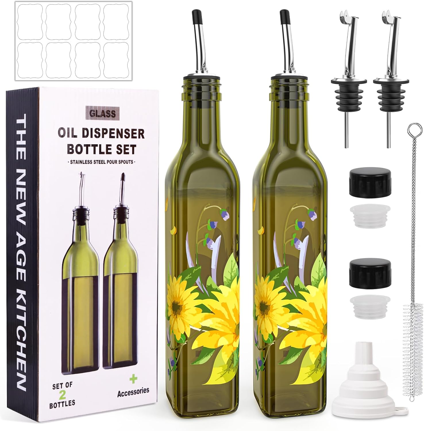 COOLMI Oil and Vinegar Dispenser Set - 17oz/500ML Premium Glass Olive Oil Dispenser Bottles for Kitchen, Oil Dispenser for Kitchen (Yellow Daisy)