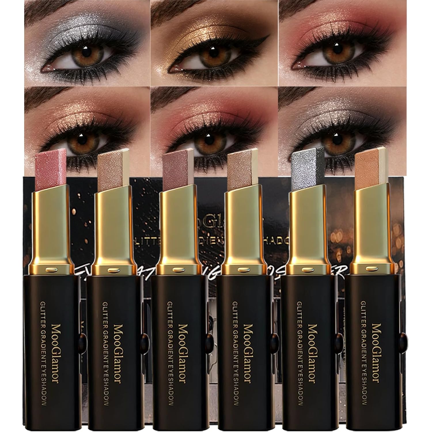 SAUBZEAN Light Gold Eyeshadow Stick Makeup, Waterproof Hypoallergenic Long Lasting Crayon, Glitter Primer Palette Shimmer Eyeliner Pen with Soft Brush