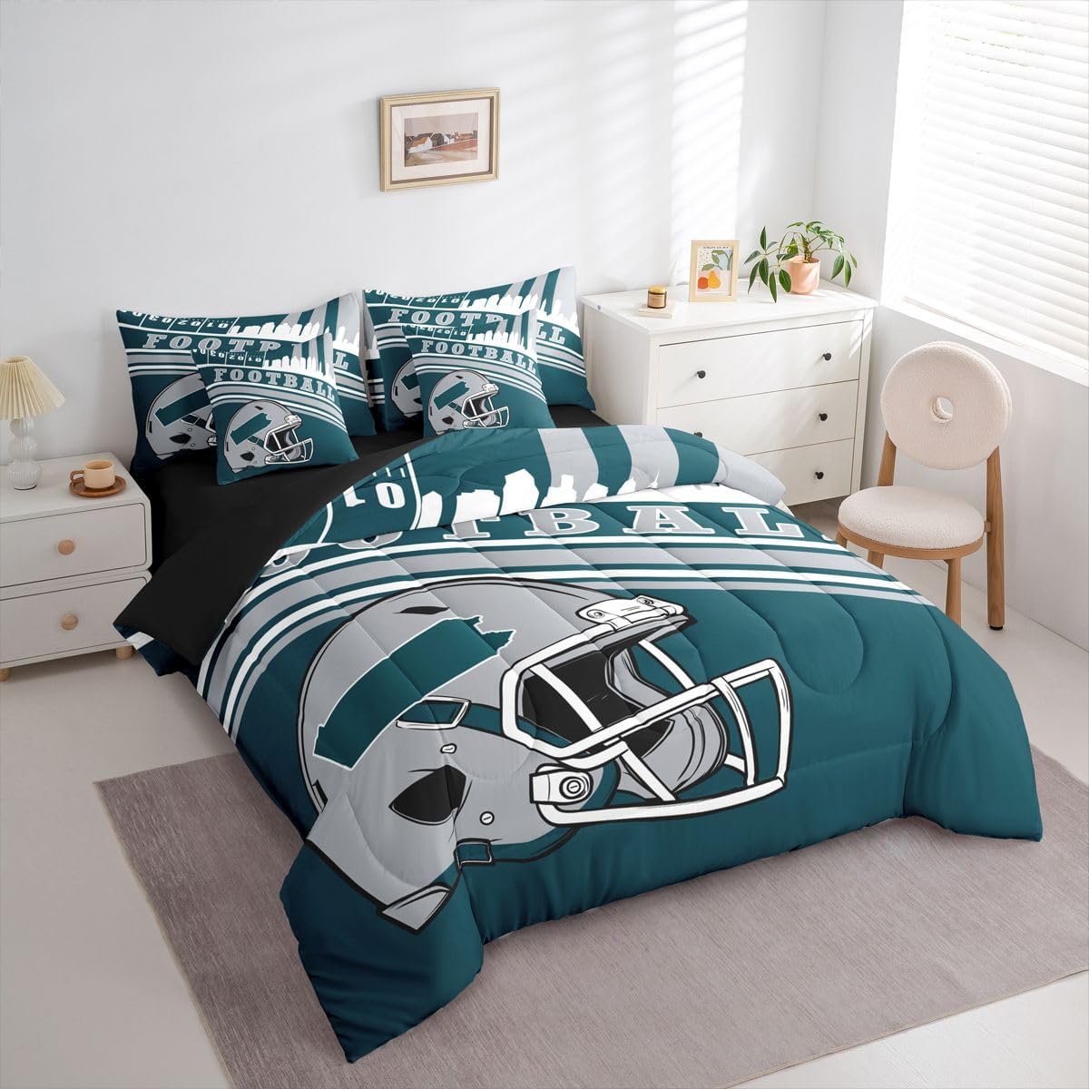 Erosebridal Kids Football Sports Seasonal Comforter Set, Sports Fans Gifts, Football Comforter + Flat Sheet + Fitted Sheet + 2 Pillowcases + 2 Throw Pillow Covers, Queen