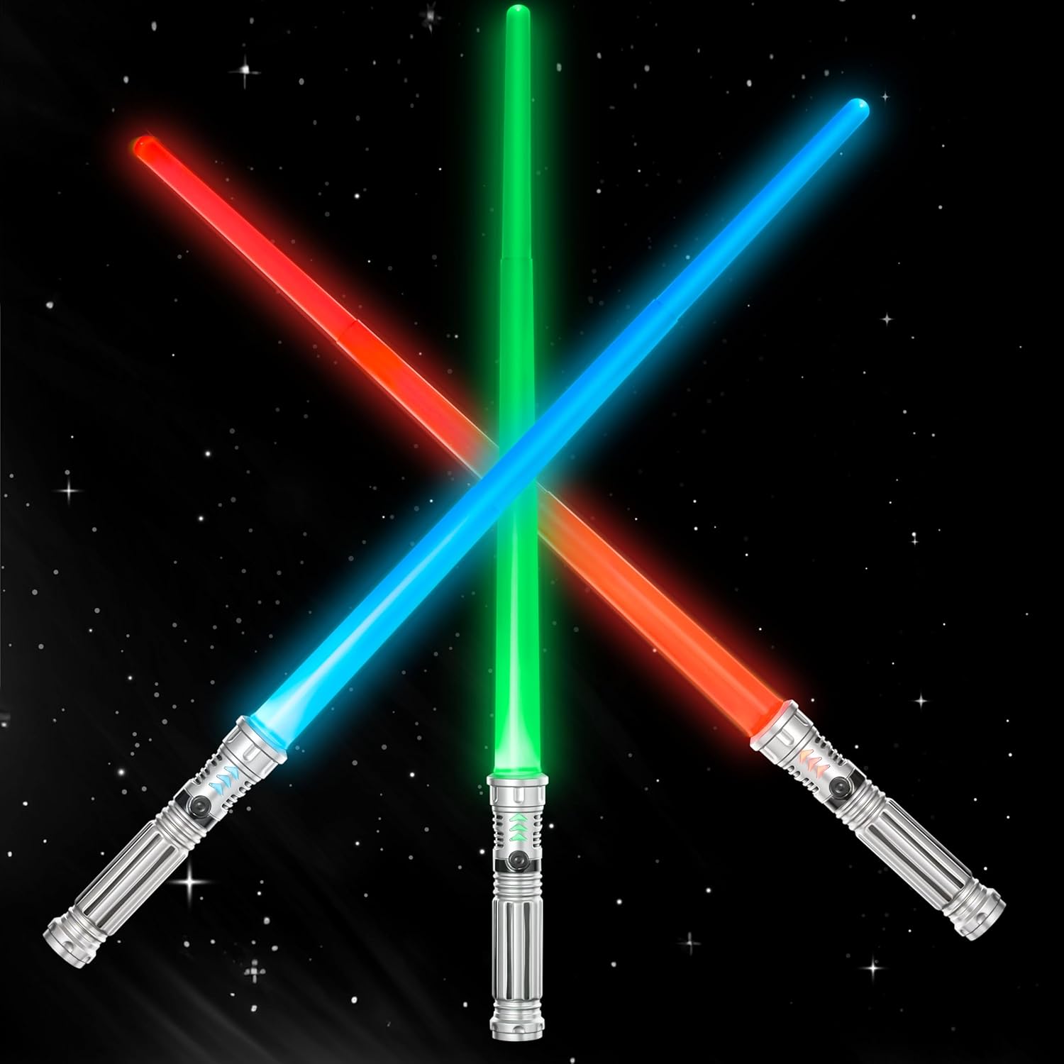 SYNCFUN 3 Pack 7 Colors Light Up Swords for Kids, Dual Extendable LED Swords Set with FX Sound (Motion Sensitive) and Sliver Handle for Fighters and Warriors, Halloween Birthday Party Gift for Boys