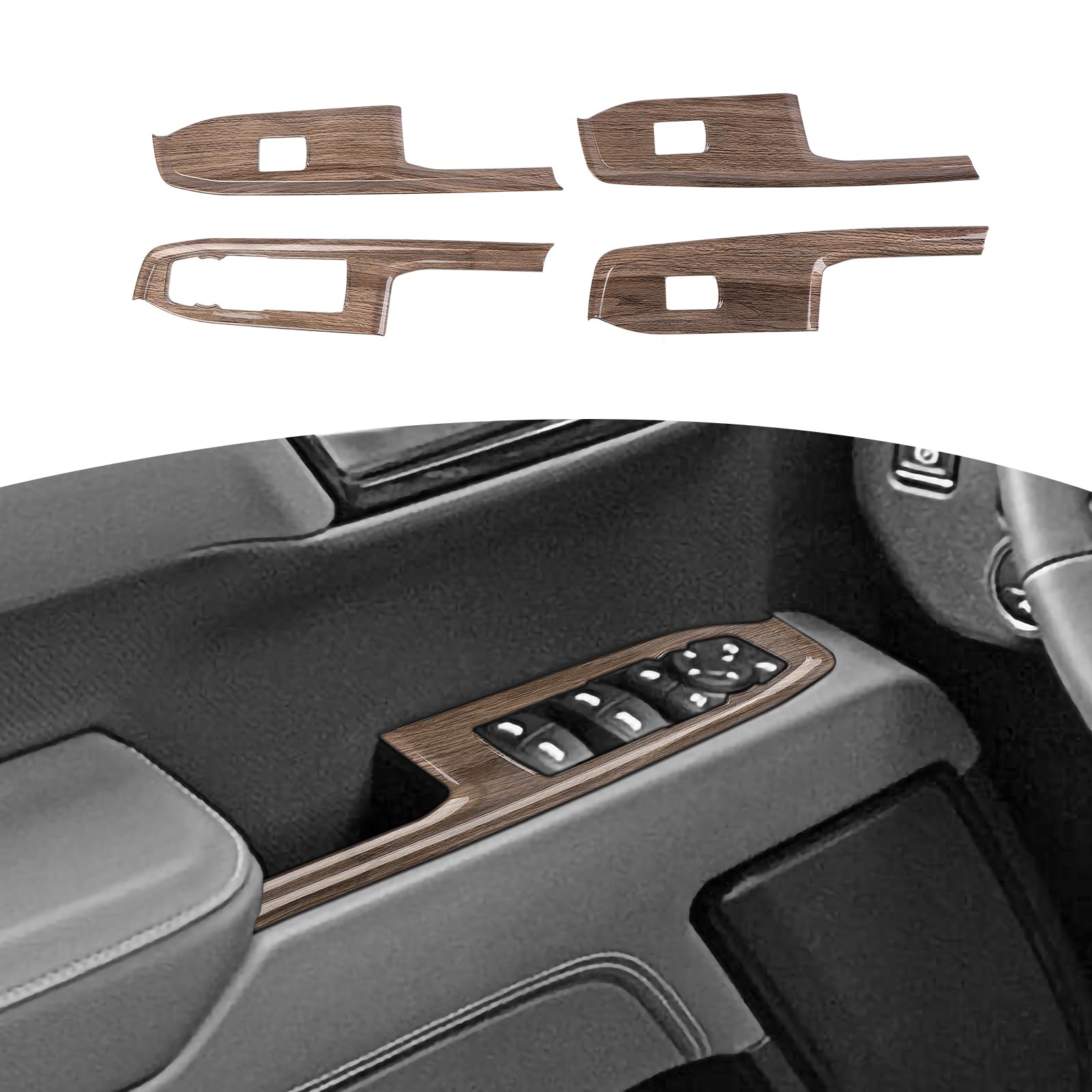 RT-TCZ for Chevy Silverado Power Window Switch Cover Trim Bezel for Chevrolet Silverado GMC Sierra 2022 2023 Wood Grain Interior Accessories 4pcs