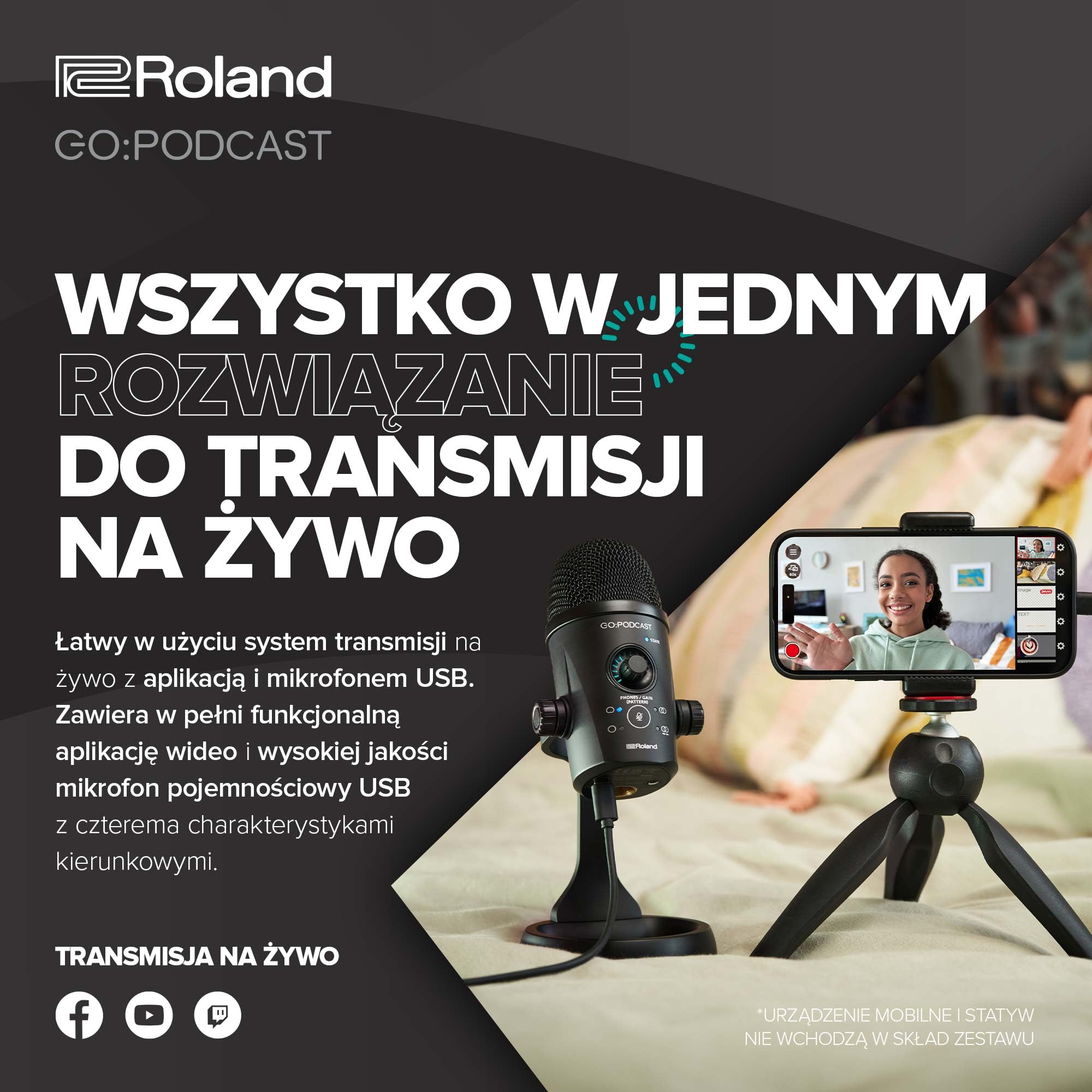 Roland GO:PODCAST Video Podcasting Studio dla Smartfonów | Łatwy w Użyciu System Transmisji na Żywo dla Podcasterów, Vlogerów i nie Tylko | Intuicyjna Aplikacja Wideo | Wysokiej Jakości Mikrofon USB