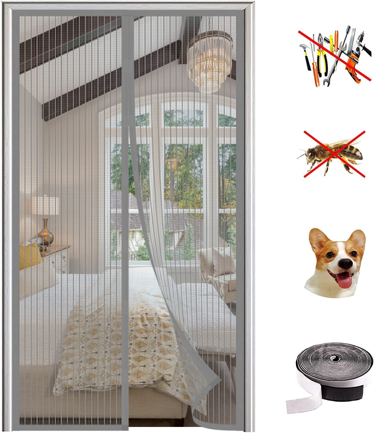 Magnet Fliegengitter Tür Insektenschutz,Magnetisches Moskitonetz, Automatisch Geschlossen, Anti-Moskito-Vorhang für Balkontür und Terrassentür.-Gray-B|| 145x205cm(57x80inch)