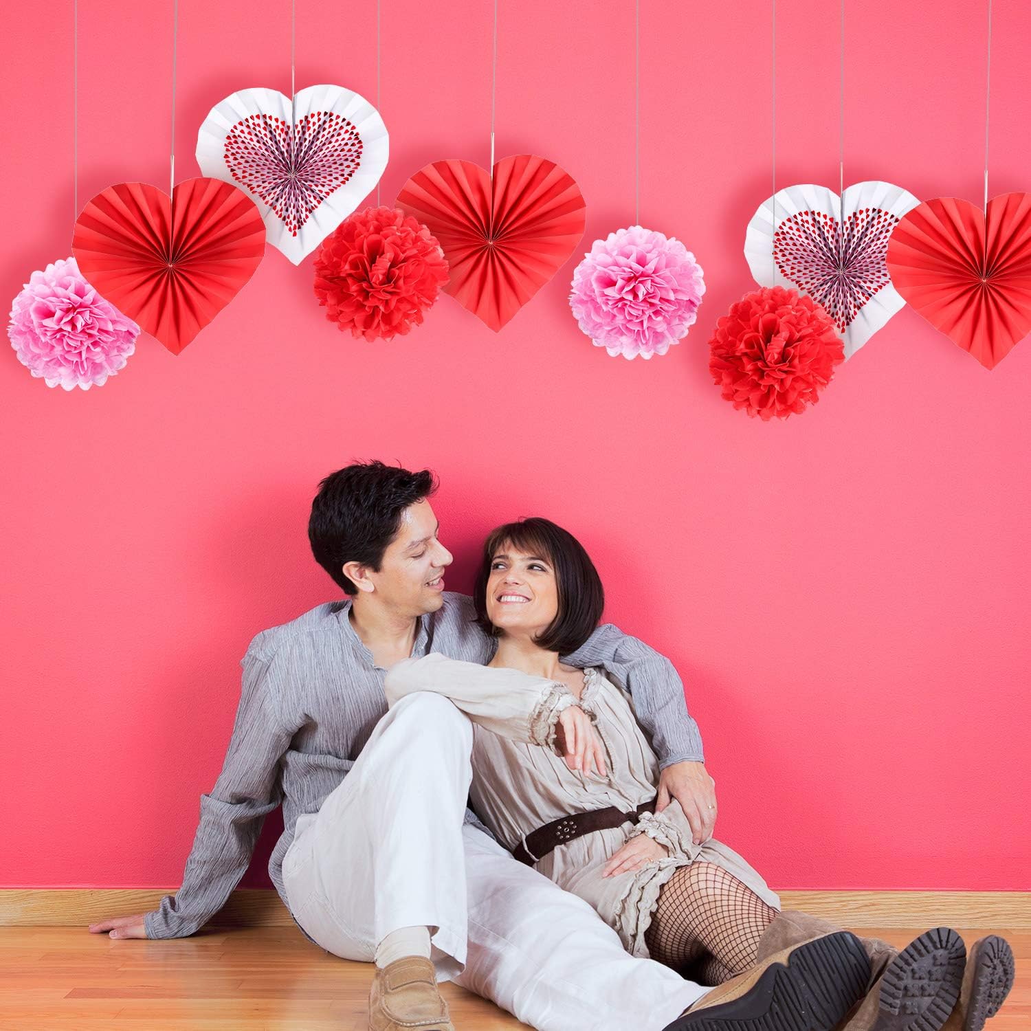 Blulu 24 Set Valentines Galentines Day Hanging Decoration Kit Red Pink Heart Paper Fans Tissue Paper Pom Pom Heart Banner for Valentine Galentine Party Bulletin Board Home Indoor Decor Supplies
