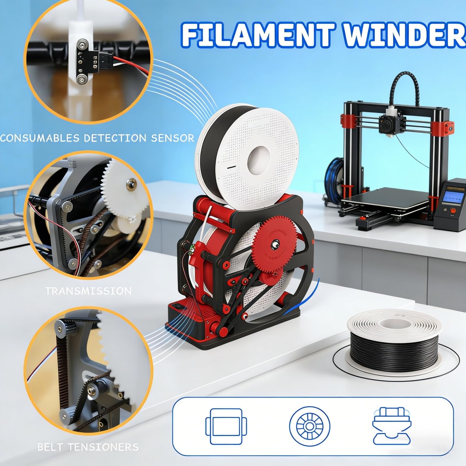 Bobina de filamento 3D, máquina rebobinadora eléctrica con parada automática, carrete universal de 1 kg, recarga sin enredos, para PLA PETG, ABS, TPU