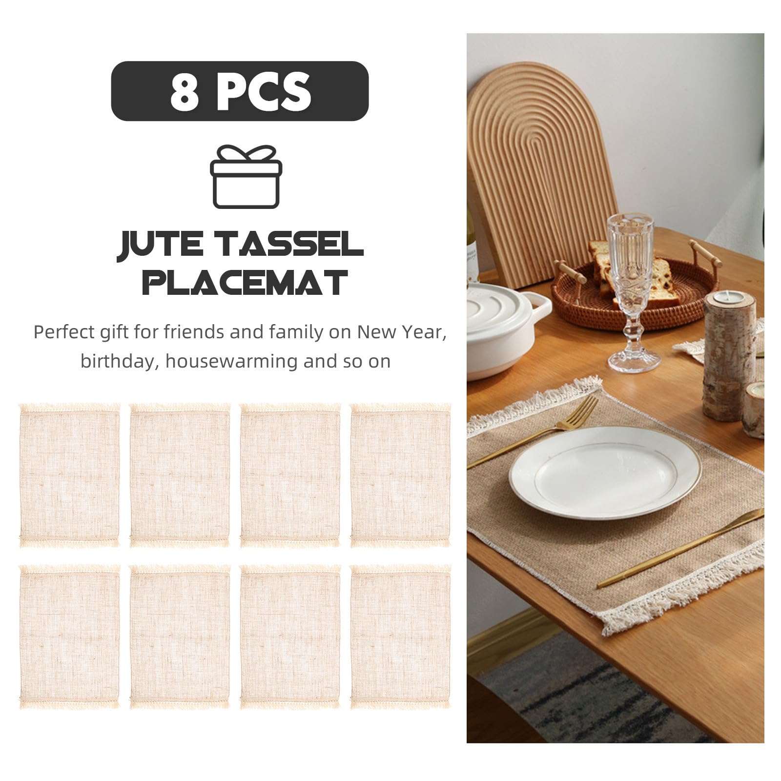 Manteles Individuales de Lino y Algodón 8 Piezas Borlas | Estilo Rústico Natural, Uso Práctico para Mesa, Adecuado en Casa Estrenar
