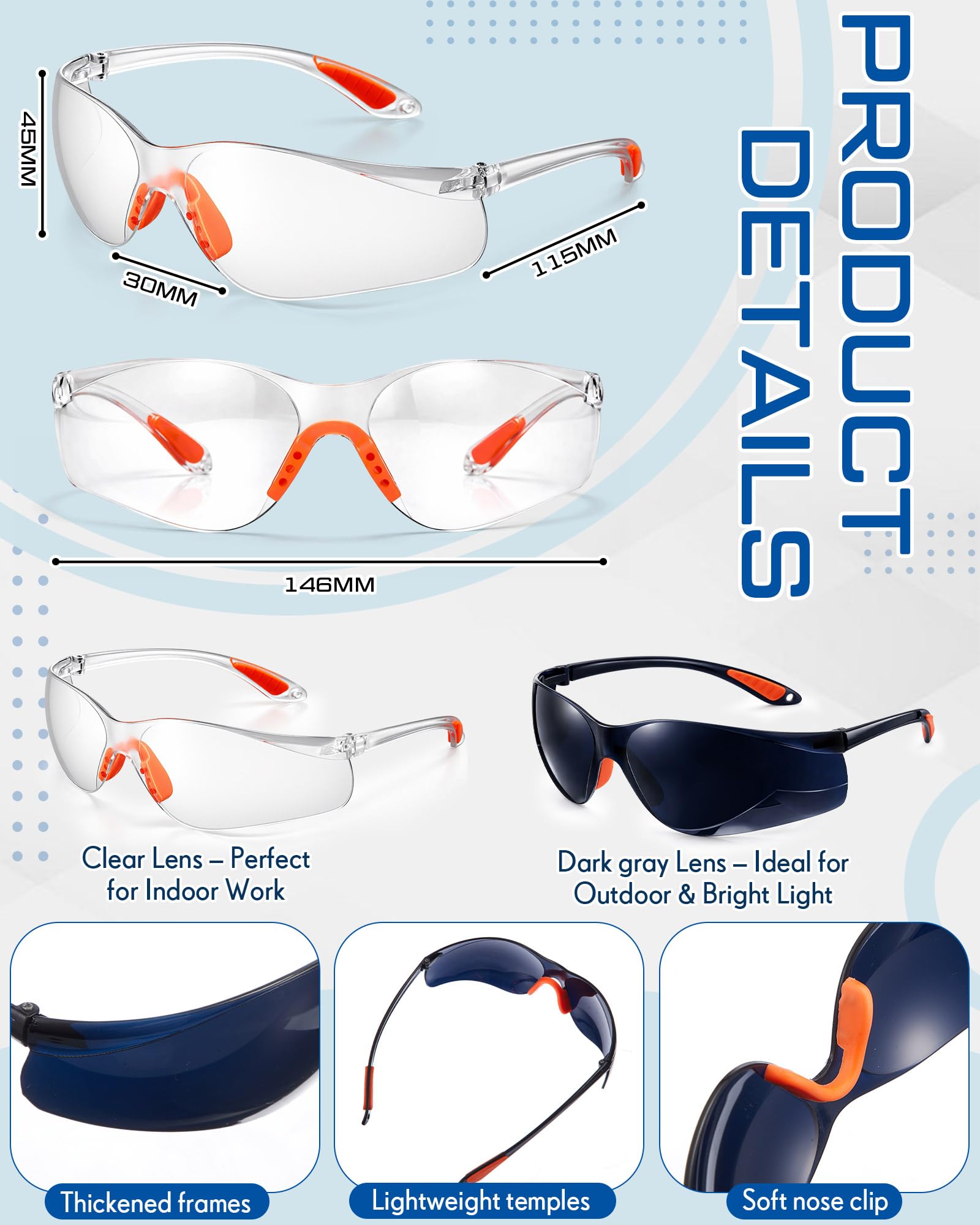 Tellegloww 1 juego de protector facial de seguridad para moler y cortar, guante recubierto de nitrilo con agarre, 2 gafas de seguridad (transparente y gris), protección completa gruesa para