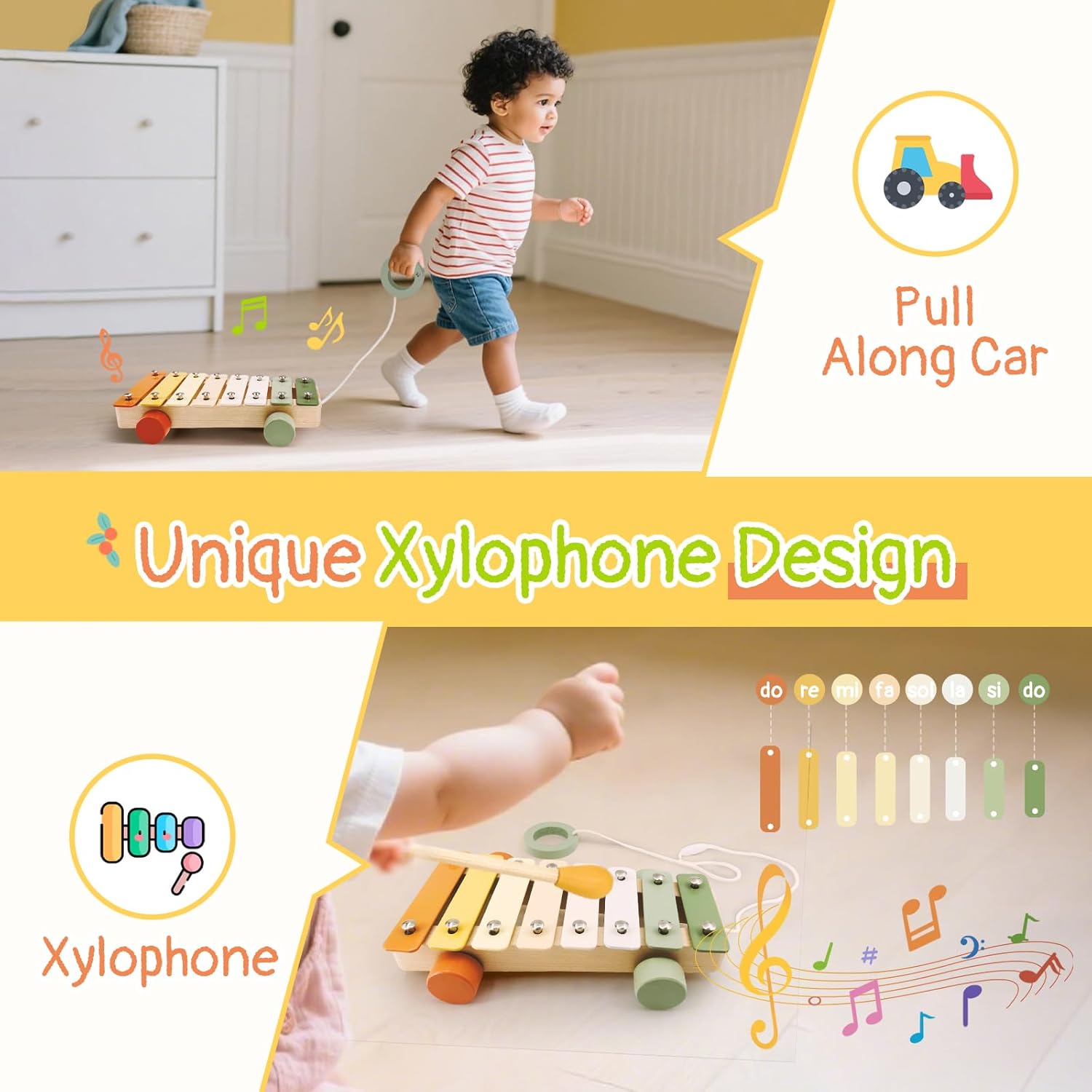 Wooden Musical Instruments Set for Toddlers 18+ Months - 7PCS Montessori Educational Learning Toys with Xylophone, Maracas, Trumpet & Storage Bag for Kids Baby