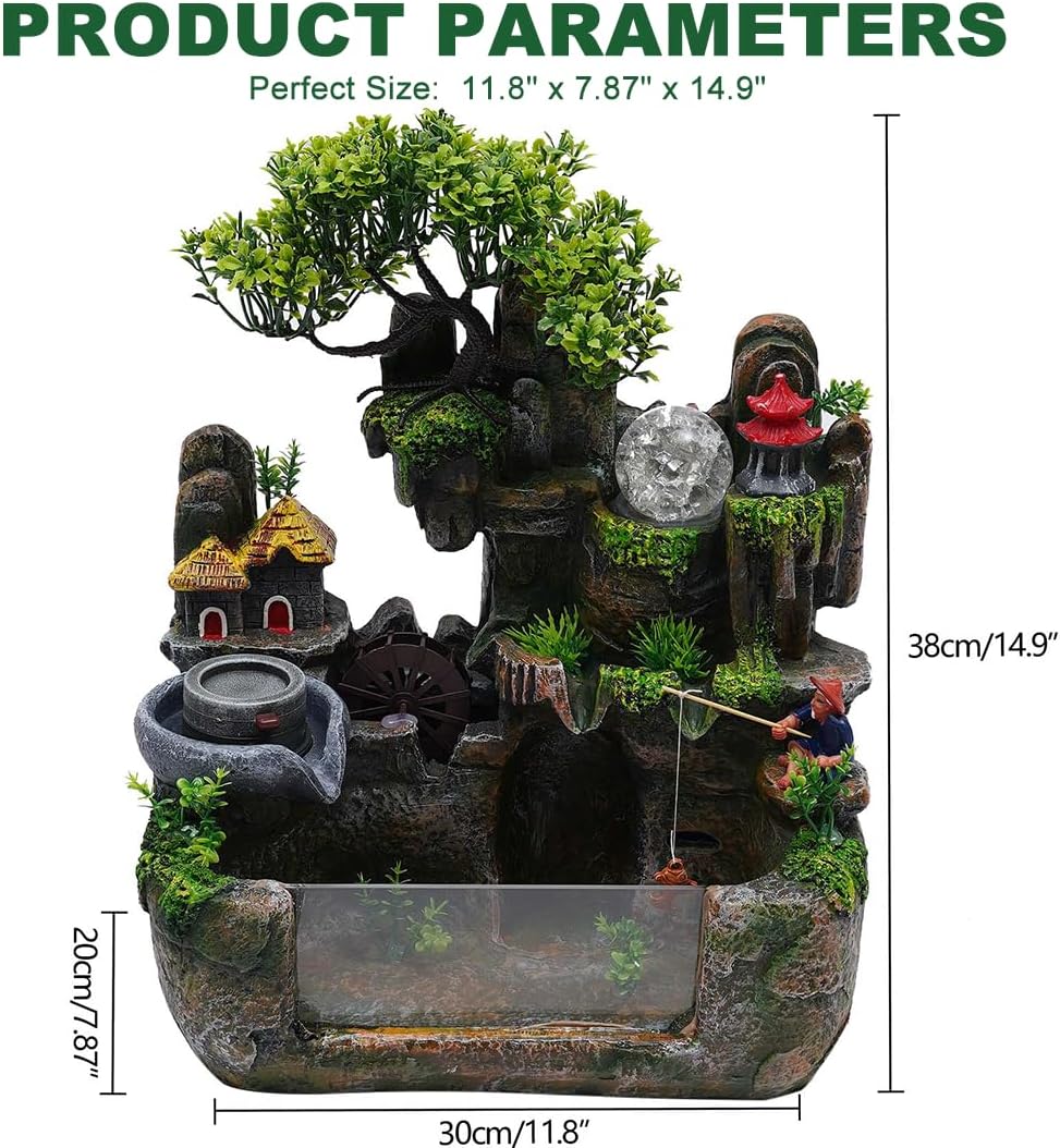 Tabletop Water Fountain, Rockery Fountain, Desktop Chinese Fengshui Indoor Waterfall with LED Lights, Atomizer & Crystal Ball, Suitable for Living Room, Bedroom, Office Decoration