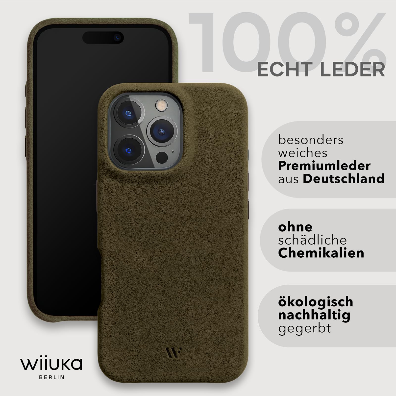 WIIUKA Custodia per iPhone 16 Pro, pelle tedesca, in pelle, extra sottile, di alta qualità, Qi, skiin More, Vintage Oliv