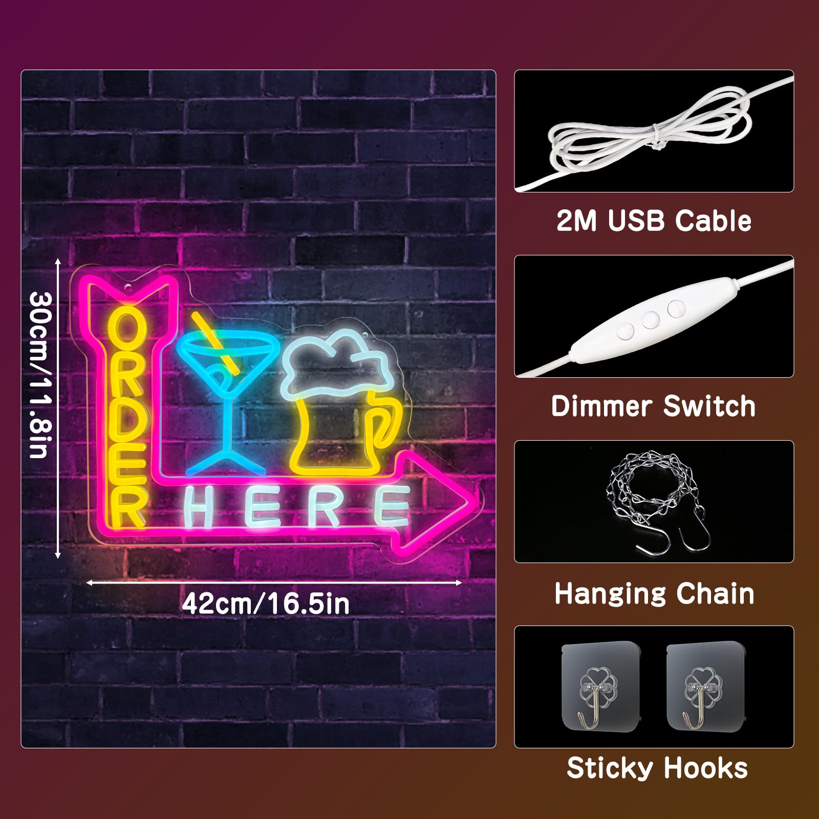 Neon na drzwi ścienne lub okno biznesowe, 40 x 40 cm, znak LED do baru, kawiarni, sklepu, restauracji, hotelu, zasilany przez USB, ściemniana jasność