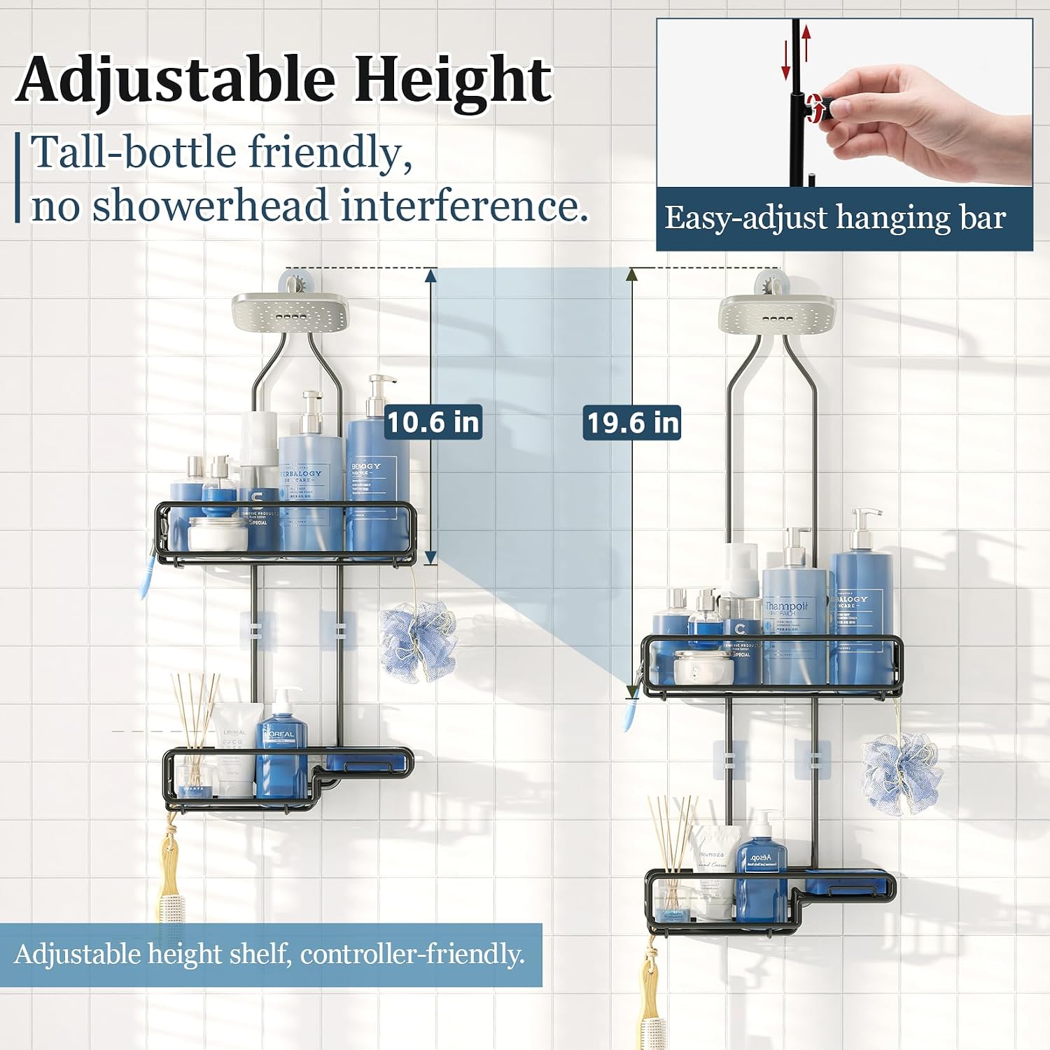Skyapex Hanging Shower Caddy Bathroom Organizer - Over The Shower Head Adjustable Rack for Tall Showerheads, Extra Large Storage Shelf with Soap Holder for Big Shampoo Bottles