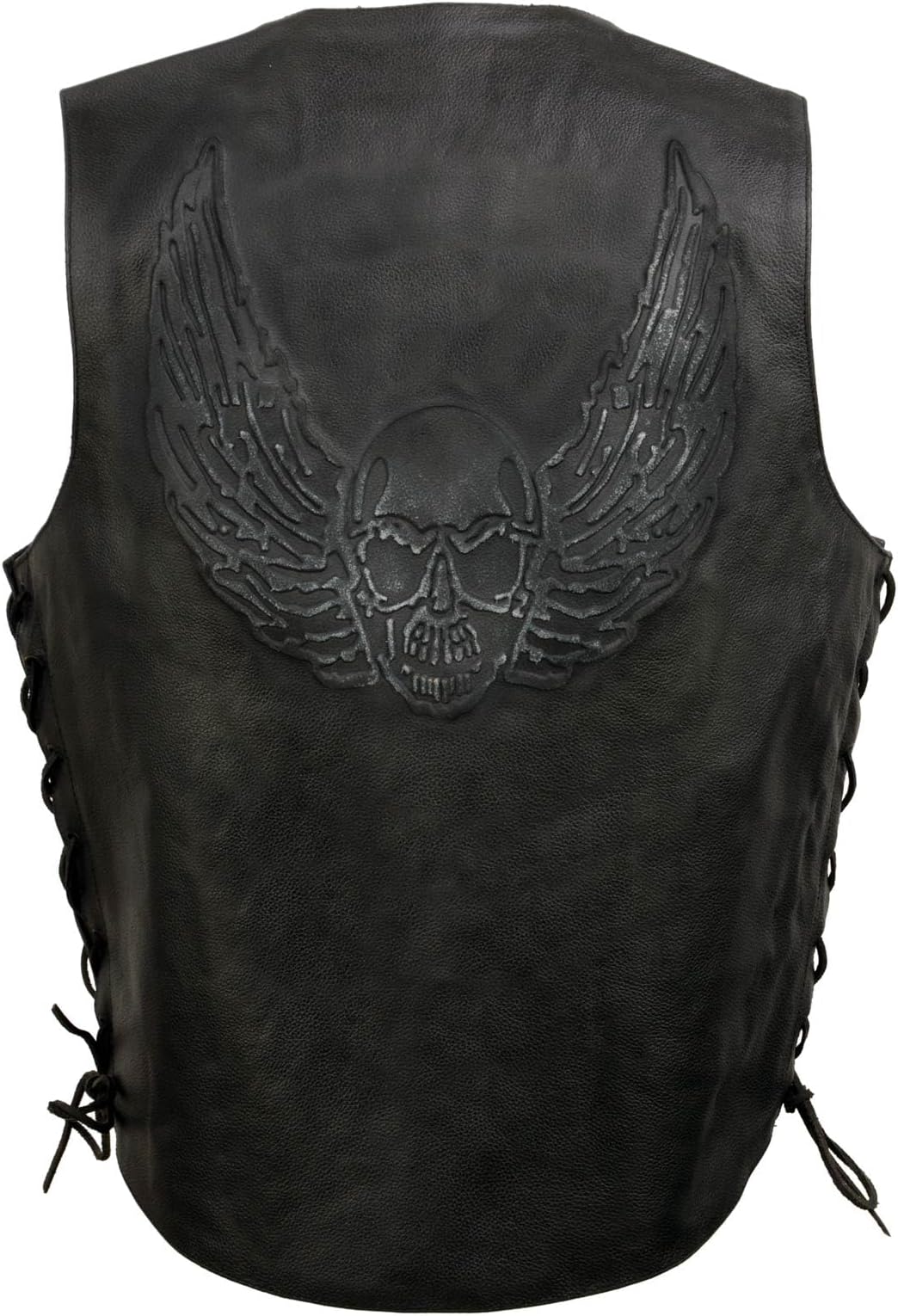 ELM3905 Men's 'Mayhem' 100% Genuine Motorcycle Leather Vest | Biker Vests with Embossed Skull & Wing - Medium