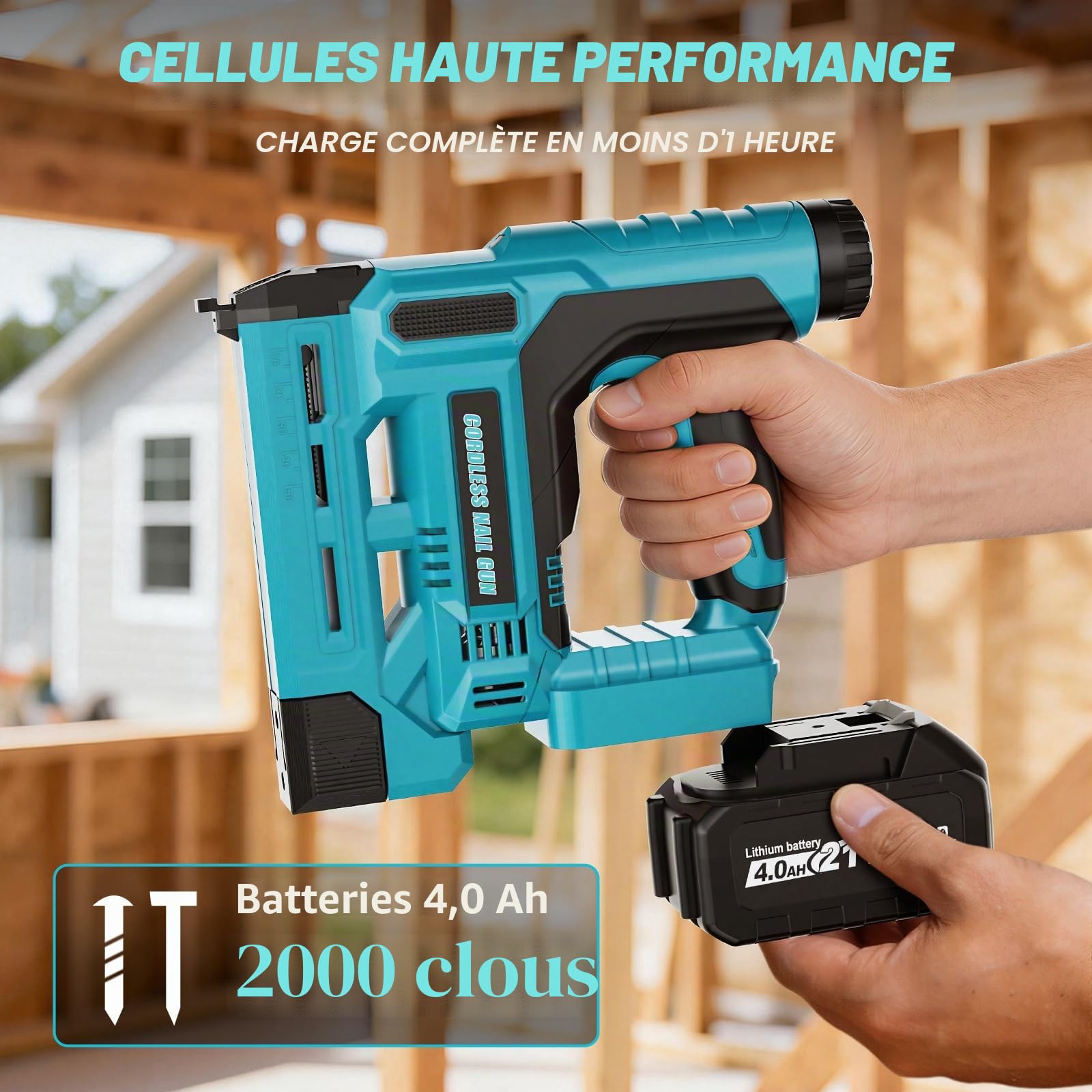 Cloueuse Electrique Sans Fil 2 en 1 Agrafeuse Electrique Compatible avec Makita 18V Batterie avec 1 batterie de 4,0 Ah, 1000 clous et 1000 agrafes pour le bois, le bricolage et le rembourrage