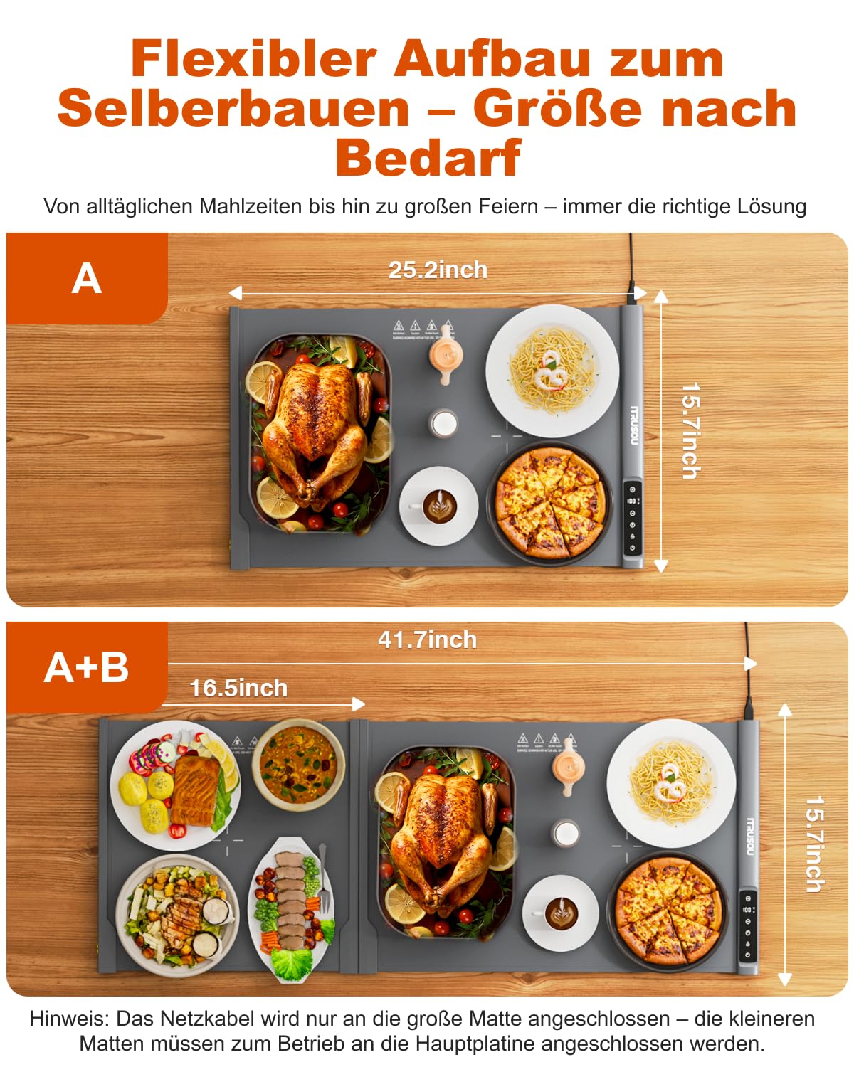 Erweiterbare Silikon-Warmhalteplatte 106,7 x 40,6 cm elektrisches Heiztablett 2-teilig aufrollbar