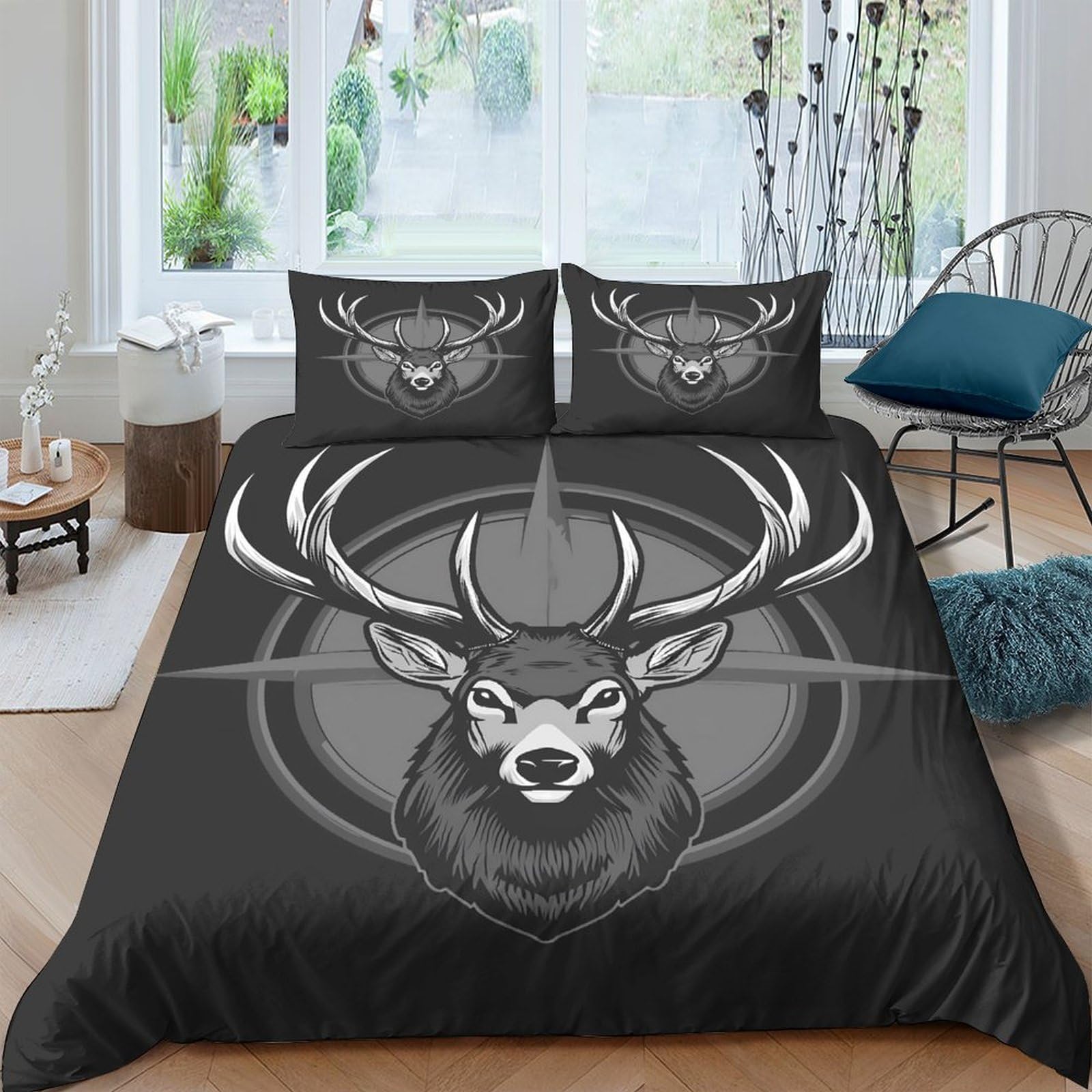TUFRTGYHN 3D Printed Deer Antler Duvet Cover Microfiber Soft Breathable Woodland Animal Bedding Set with 2 Pillowcases for Bedroom Apartment Single（135x200cm）