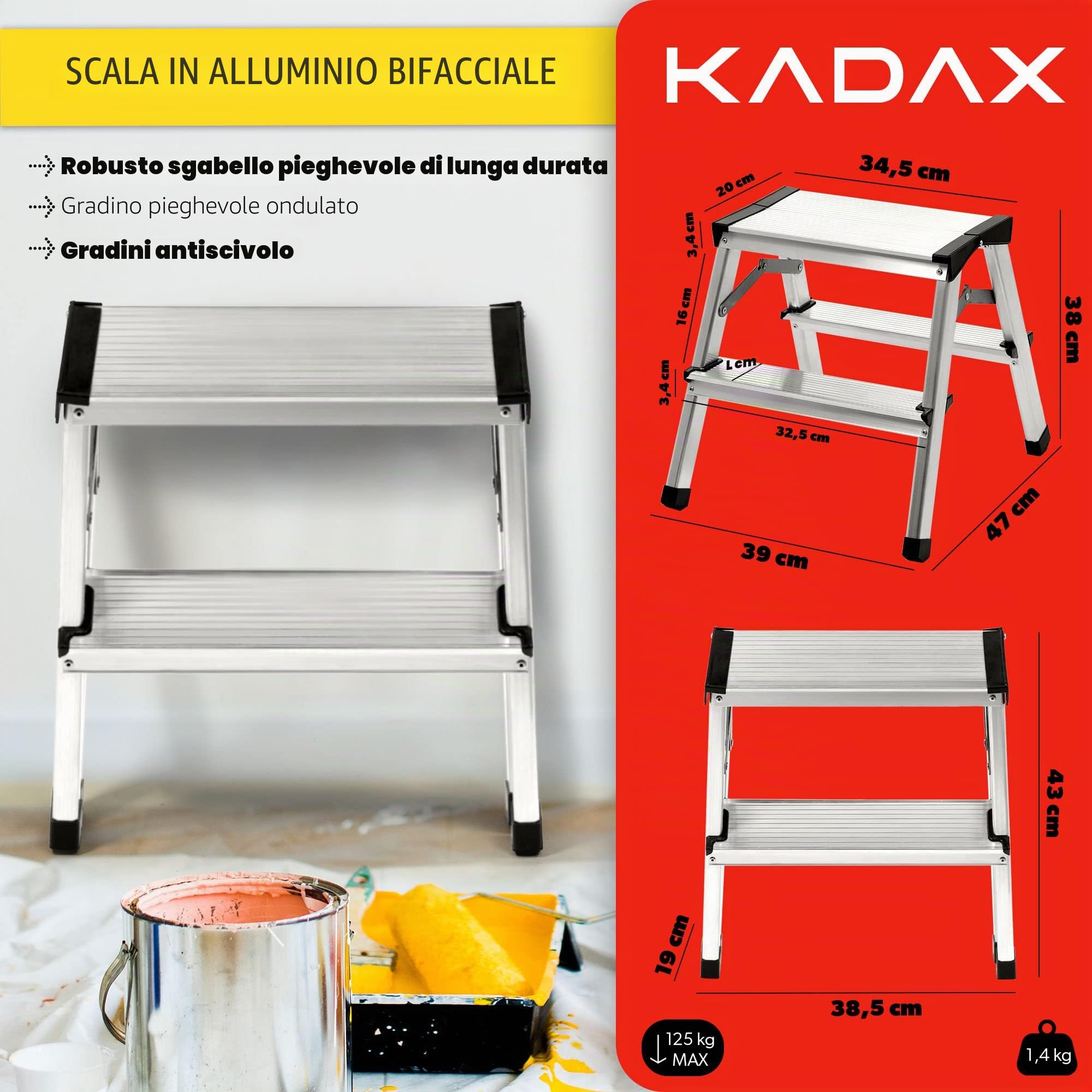 KADAX Scaletta Pieghevole in Alluminio, Scala Doppia a Pioli con Piattaforma Antiscivolo, Gradini Larghi e Struttura Leggera, Fino a 125 kg (2 Gradini)