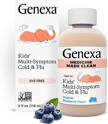Genexa Kids Cold & Flu Multi-Symptom Relief, Dye Free, 0% Artificial Additives, Childrens Liquid Pain, Fever and Cough Medicine, for Kids 4-11, Delicious Organic Blueberry Flavor, 4 fl oz