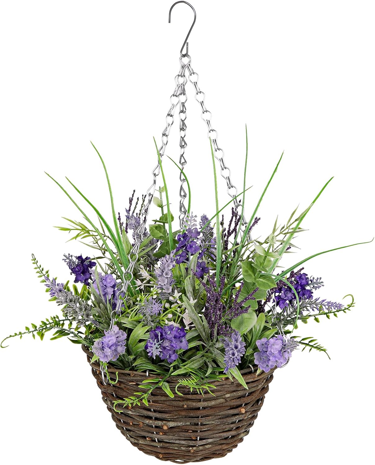 Briful Artificial Hanging Basket Indoor Realistic Lavender Hanging Flowers Fake Hanging Basket in 8.6'' Basket for Home Farmhouse Outdoor Patio Decor Purple