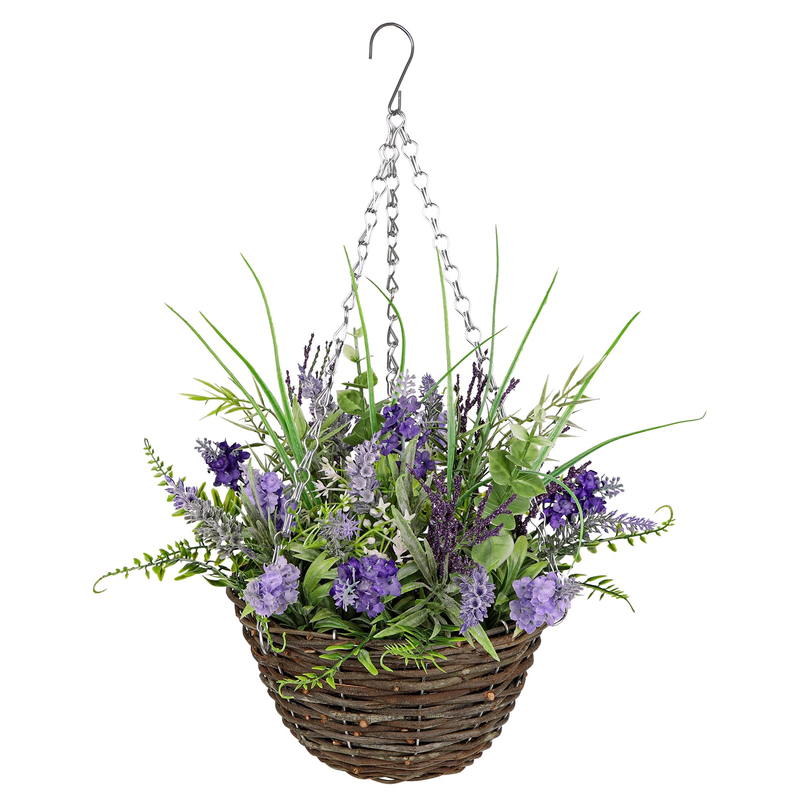 Briful Artificial Hanging Basket Indoor Realistic Lavender Hanging Flowers Fake Hanging Basket in 8.6'' Basket for Home Farmhouse Outdoor Patio Decor