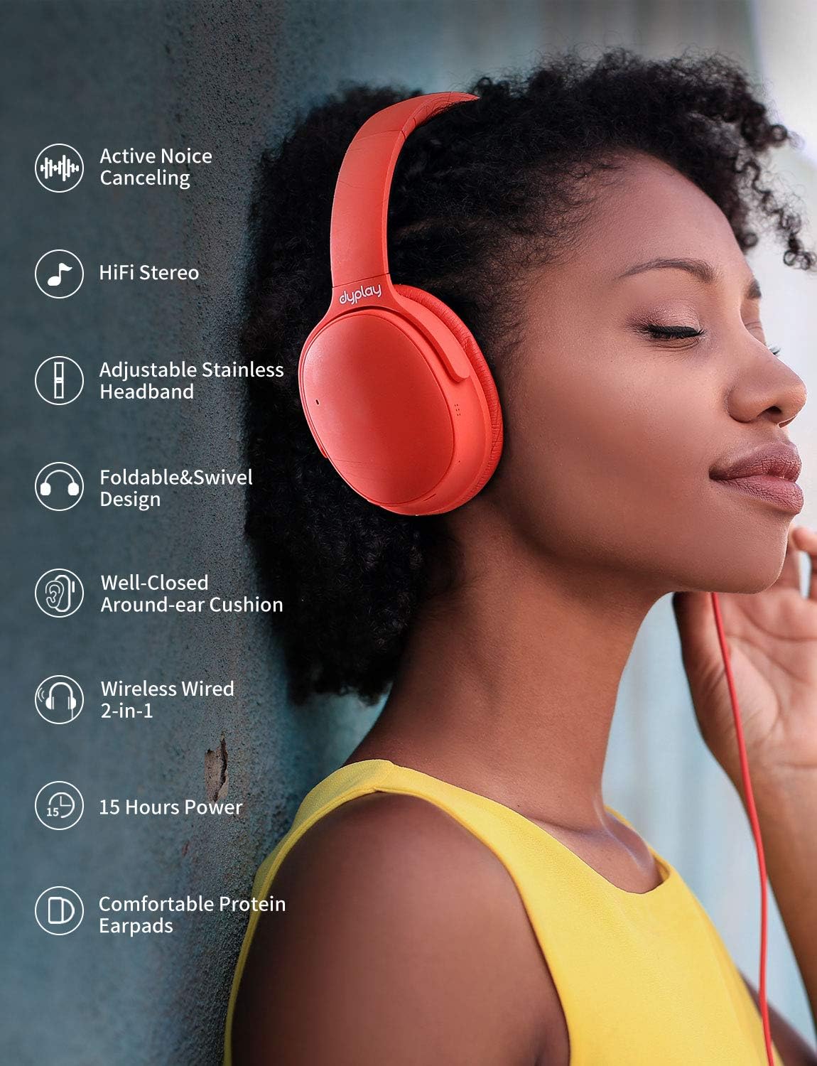 dyplay Urban Traveller Headphones with key features listed: Active Noise Cancelling, HiFi Stereo, Adjustable Stainless Headband, Foldable & Swivel Design, Well-Closed Around-ear Cushion, Wireless Wired 2-in-1, 15 Hours Power, Comfortable Protein Earpads.