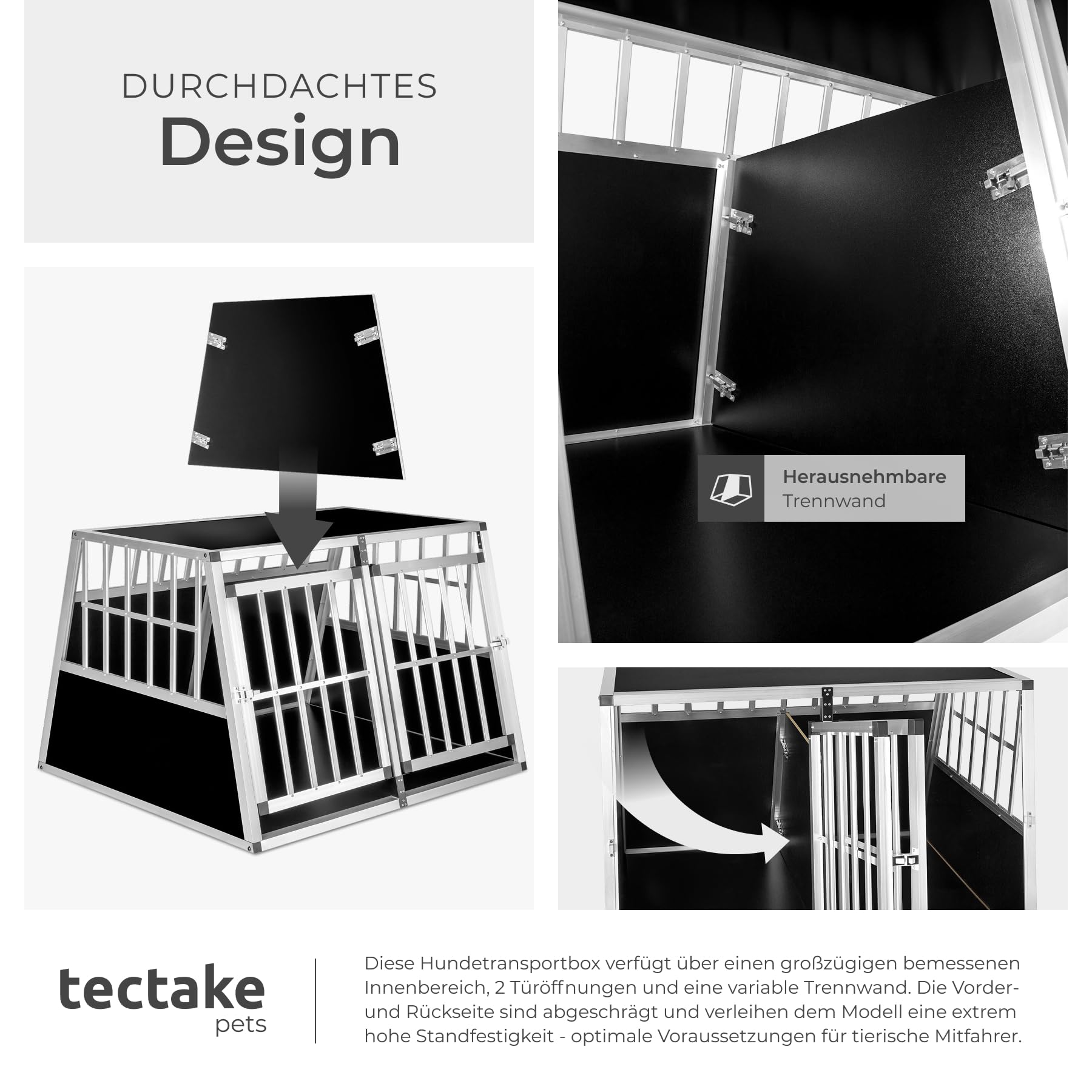 tectake® große Hundebox Auto oder Hundebox für Zuhause. Aluminium Doppel Hundetransportbox mit Trennwand, leicht und stabil, Auto Kofferraum Transportbox für bis zu 2 Hunde 104x90,5x69cm