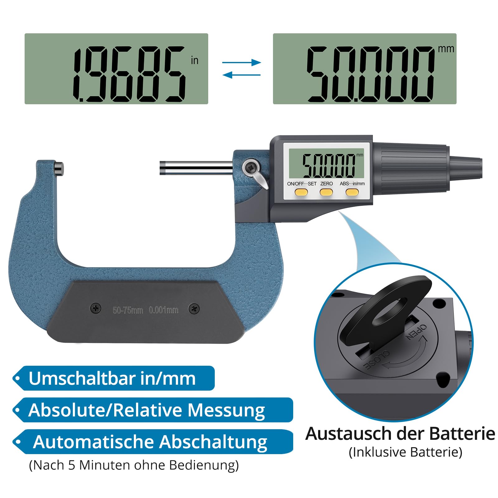 AUTOUTLET Digitale Bügelmessschraube 0-25mm + 50mm-75mm (0.001mm)