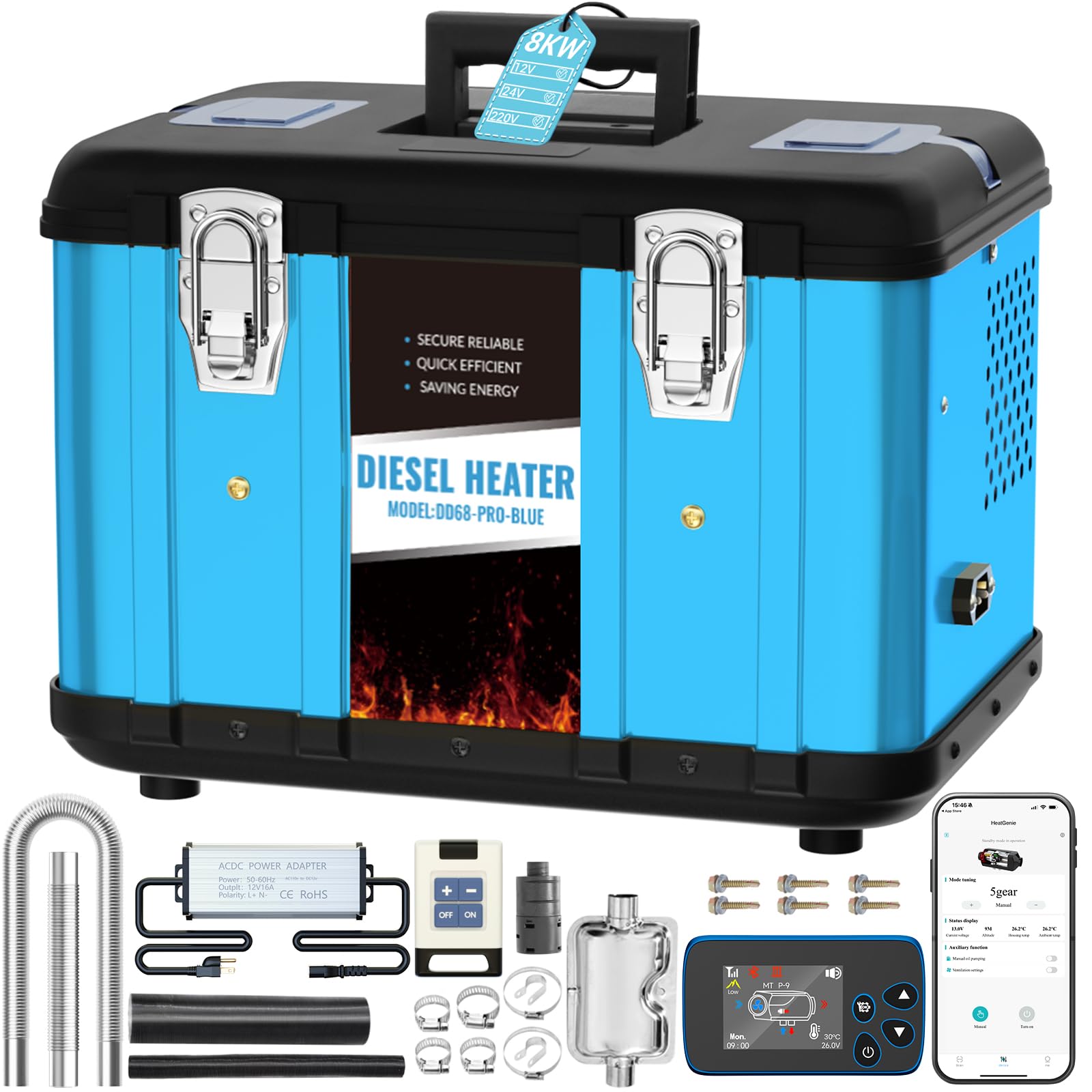 Riscaldatore d'Aria Diesel Tutto in Uno 8 kw 12v, Riscaldatore da Parcheggio Portatile con Controllo App Bluetooth, silenziatore, LCD e Telecomando, per Camper,Campeggio,Camion(Blu)