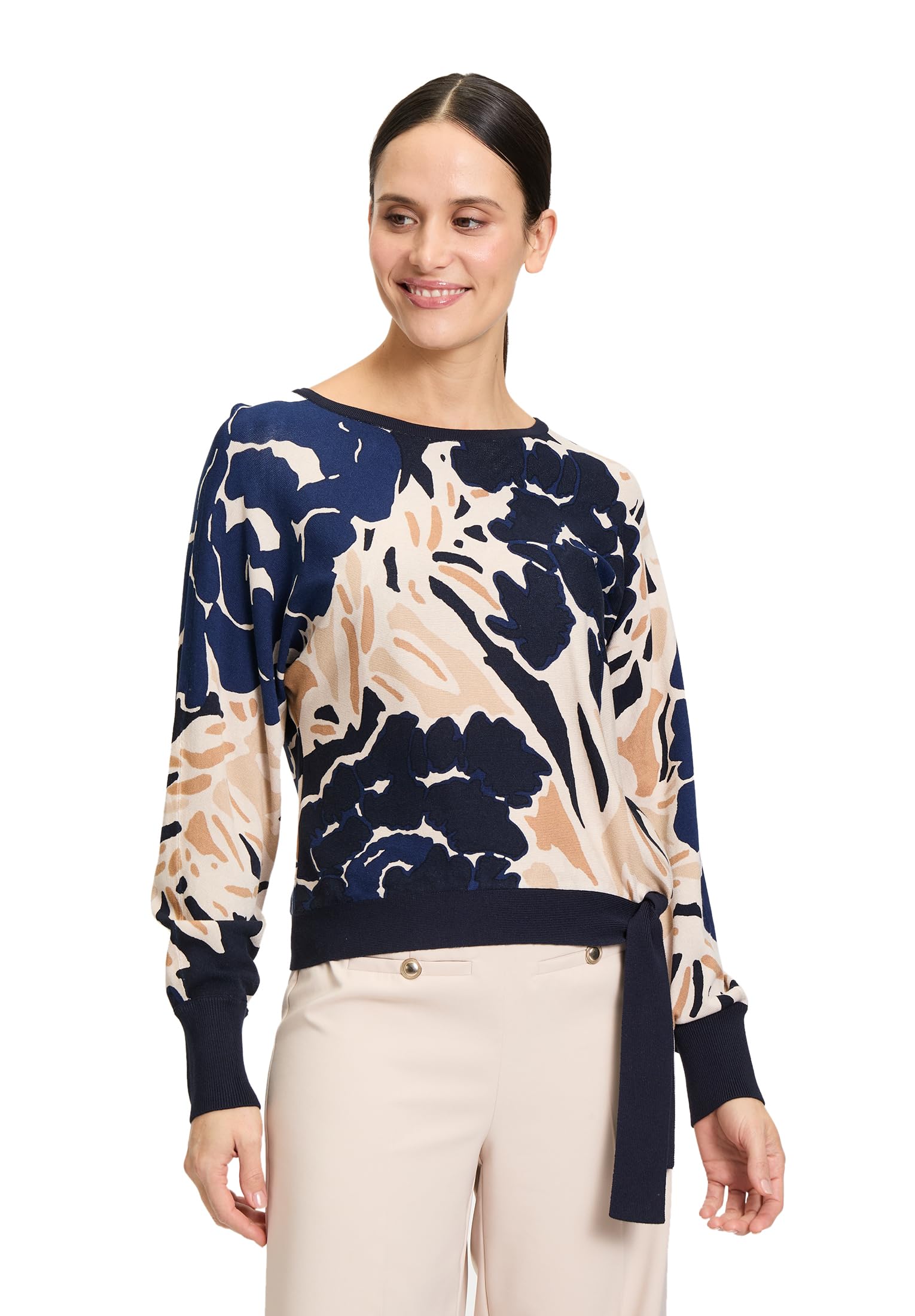 Betty Barclay Women's Fine Knit Jumper with Print, Dark Blue/Nature, 12