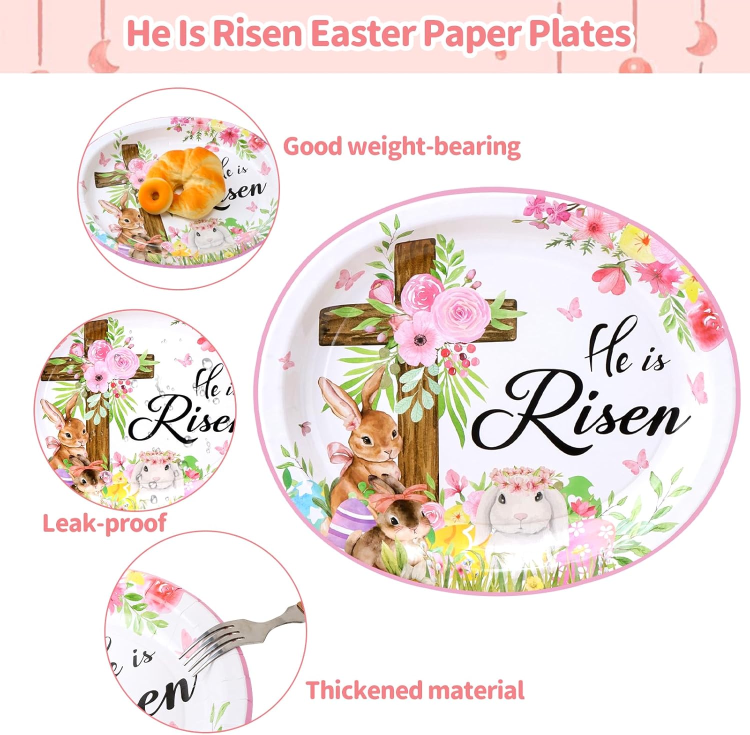 50 Sets Easter Tableware 50 He is Risen Easter Paper Plate Oval 50 He is Risen Disposable Napkins Bunny Egg Cross Flowers Paper Towels Dinner Plate Hand Towels for Spring Easter's Party