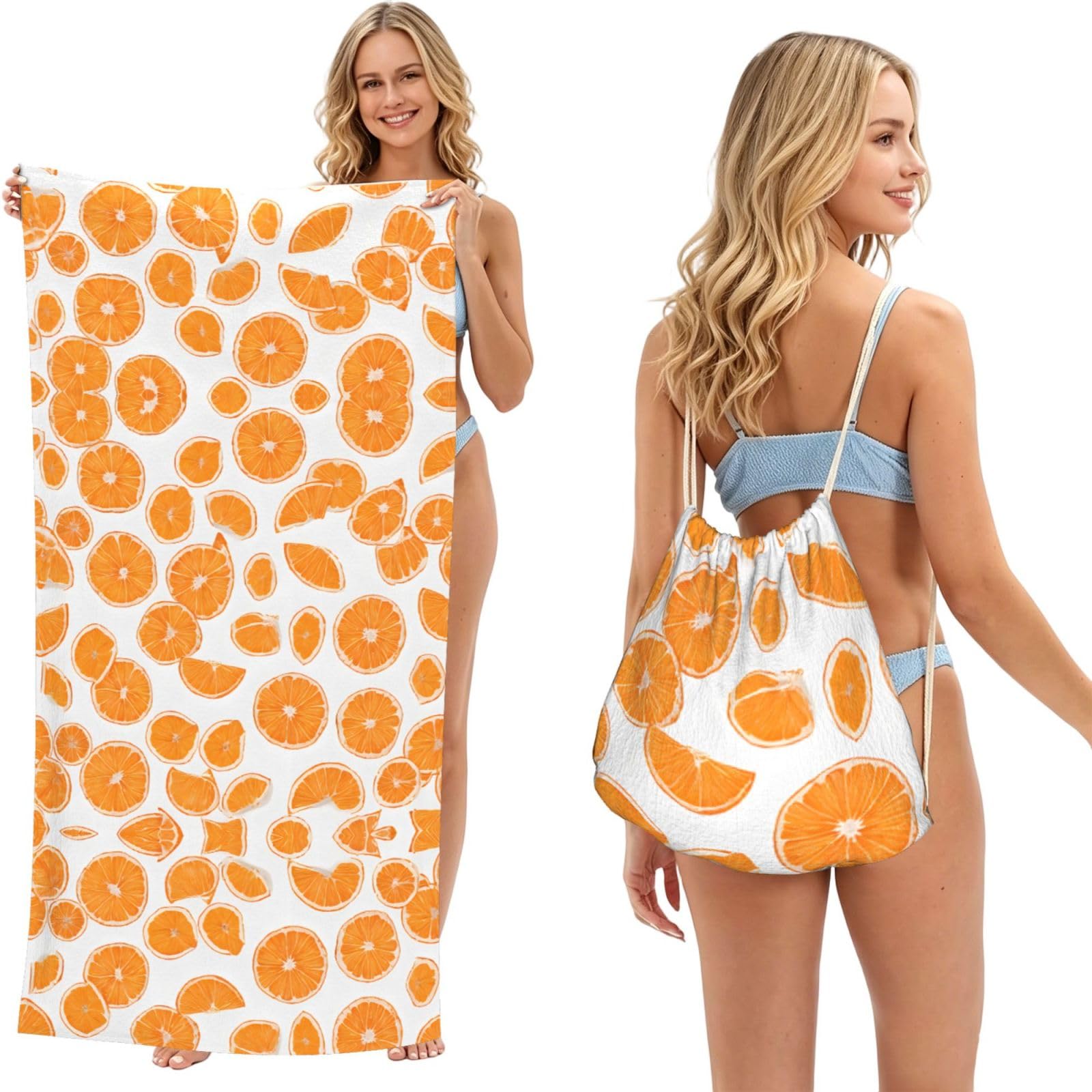ESNAIUVCD Peach Print Beach Towel For Adults,Towel With Drawstring Bag, Travel Pool Swimming Sports Shower Sand Free Quick Dry Bath Towel For Pool, Beach, Yoga- 180x60cm