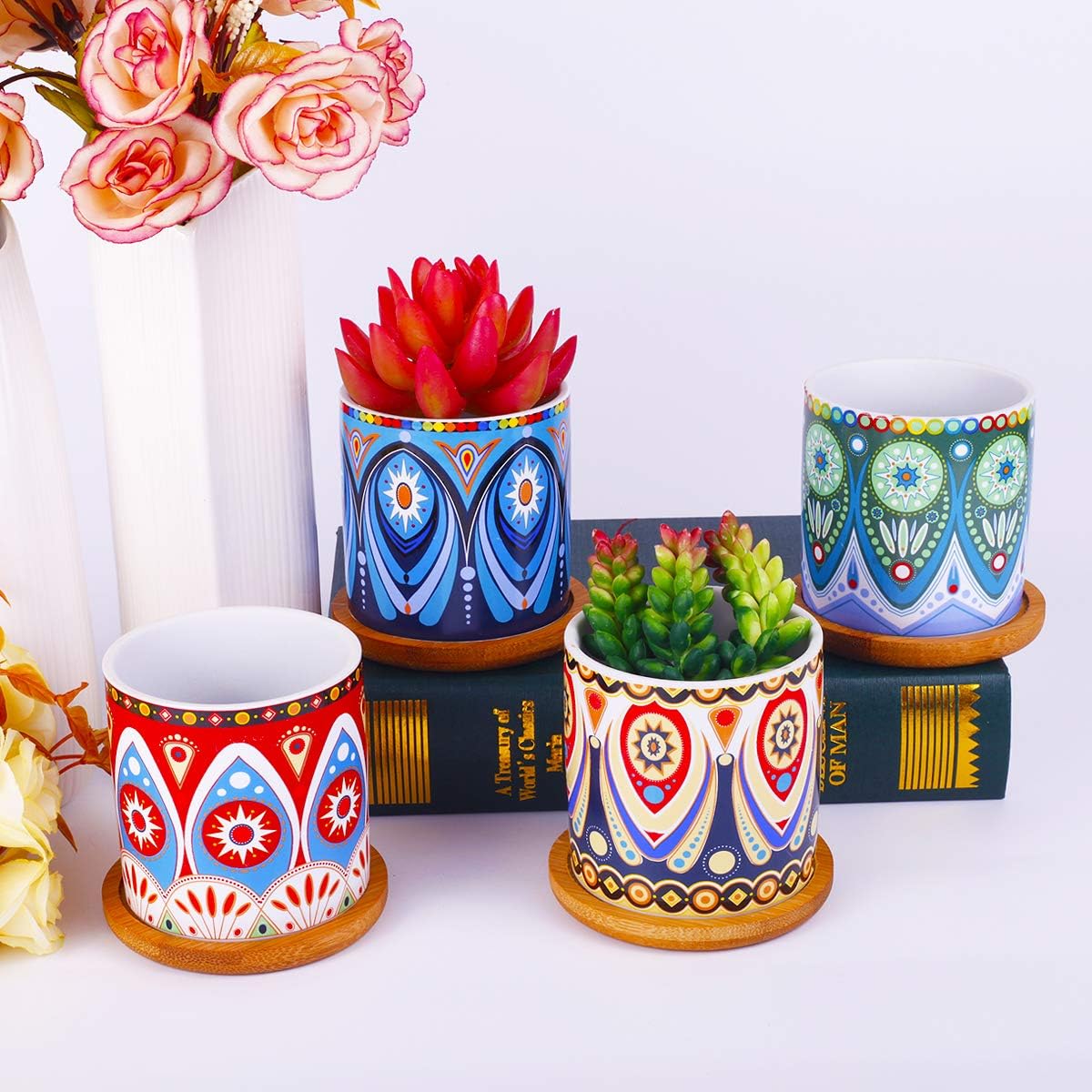 4 Pcs Colorful Mini Ceramic Cylinder Succulent Plant Pots with Bamboo Trays, Thumb Flower Pots for Small Plants and Decorative Objects - Colorful Mandala Styles