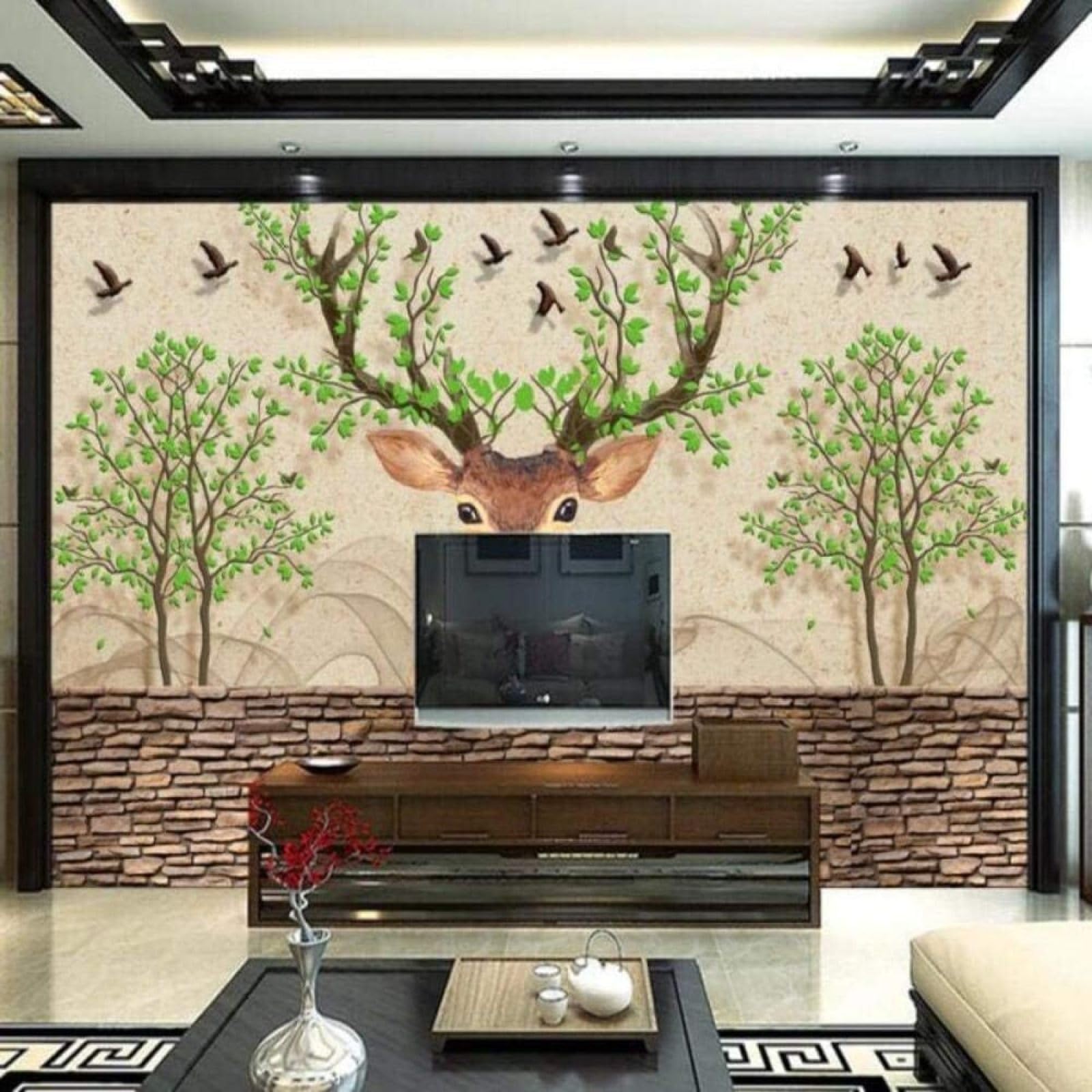 Mural de pared premium con efecto piedra 3D y alces en seda exclusiva para comedores elegantes