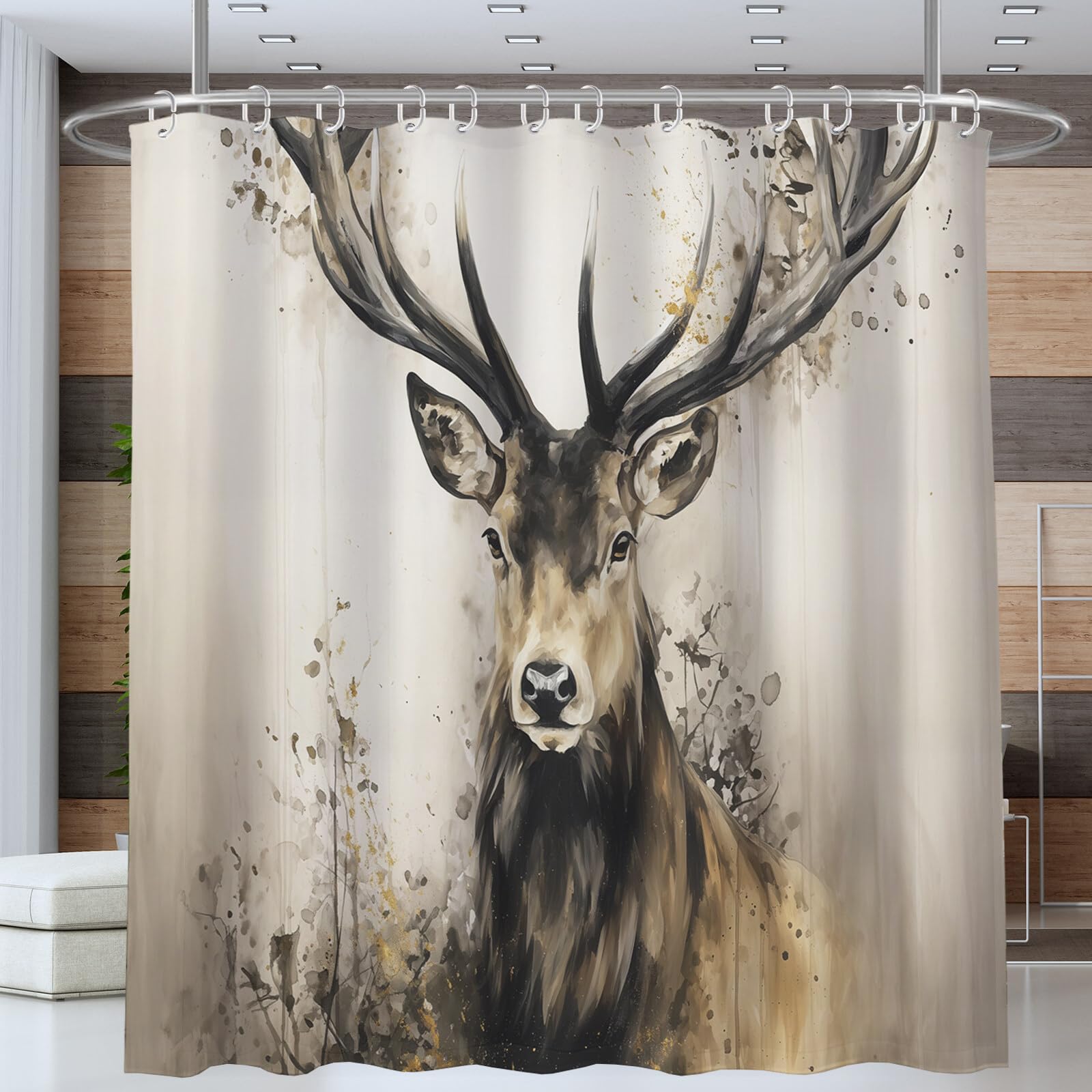 Rideau De Douche Beige Marron Cerf Rétro Peinture À l'huile Aquarelle Rideau De Bain Tissu Polyester Anti Moisissure Imperméable Lavable Rideaux Salle De Bain avec Crochets pour Baignoire