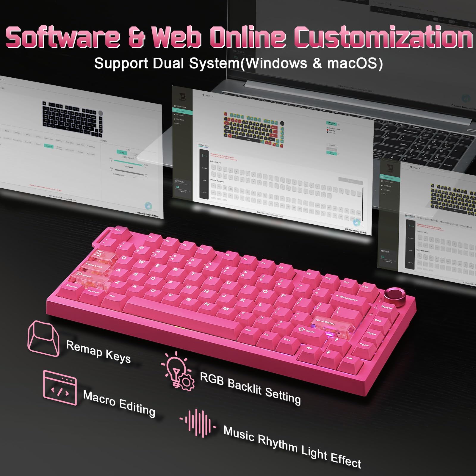 YUNZII RT75 Pro HE Clavier Gaming sans Fil Dual 8K Rapid Trigger (Rose) | Switch à Effet Hall, Filaire/2.4G, Bluetooth, 75% Compact avec Molette, RGB, 8000mAh, TGL/SOCD/DKS/MT, pour Win/Mac