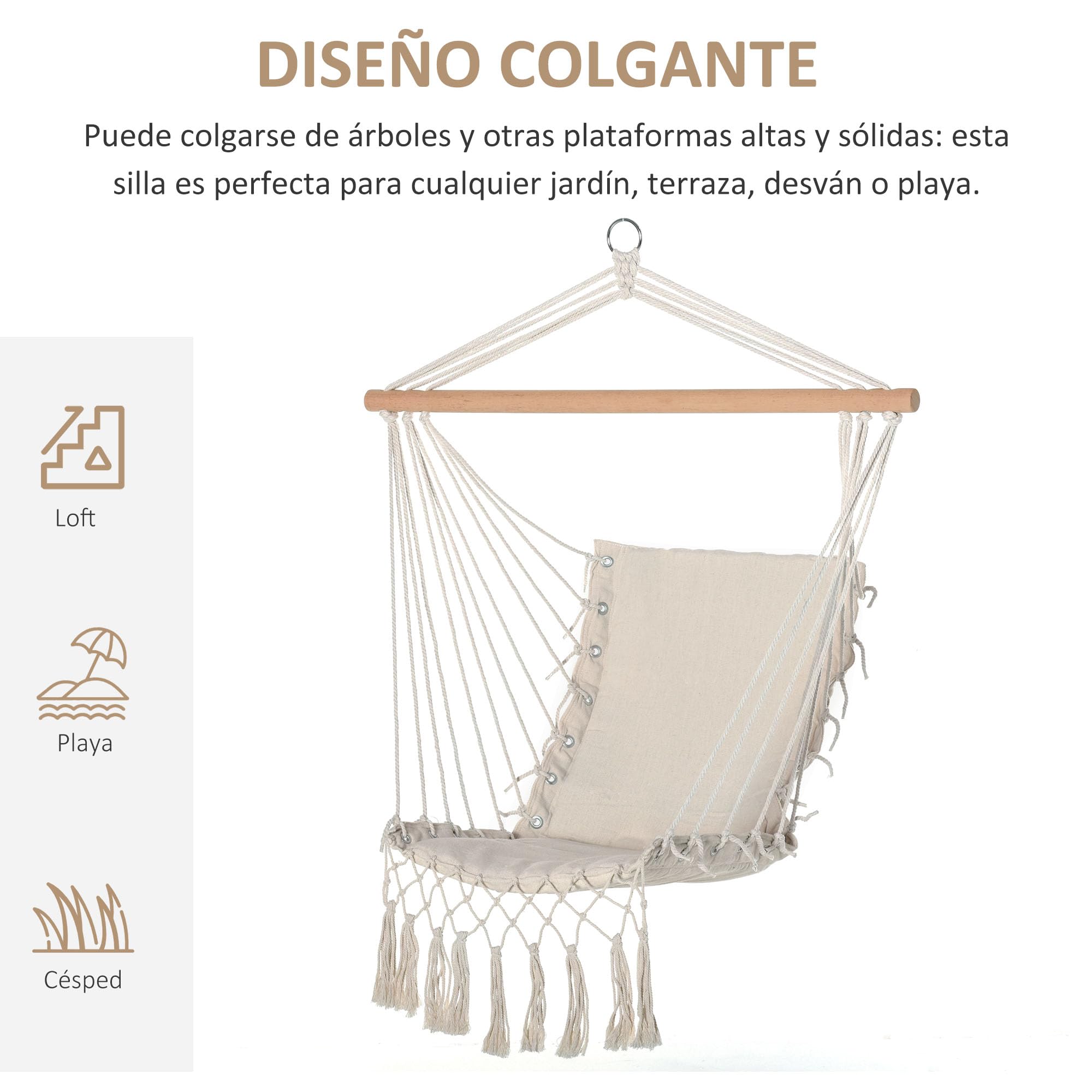 Outsunny Silla Colgante con Borlas Silla Columpio de Algodón Carga 120 kg Sillón Colgante Estilo Moderno para Interior y Exterior Blanco