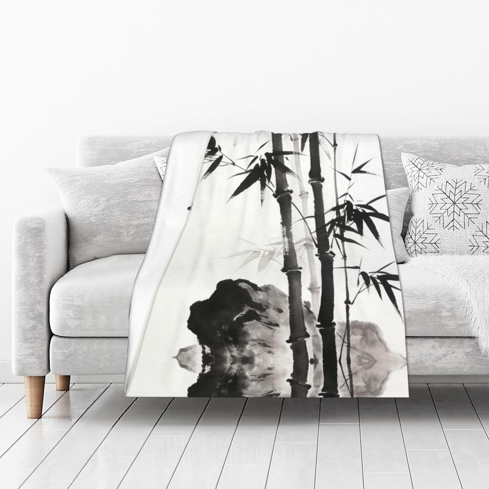 DUYIOKH Ink Bamboo Print Thick Throw Blanket, Blanket for Couch Bed Warm Travel Blanket for Camping Movie Night