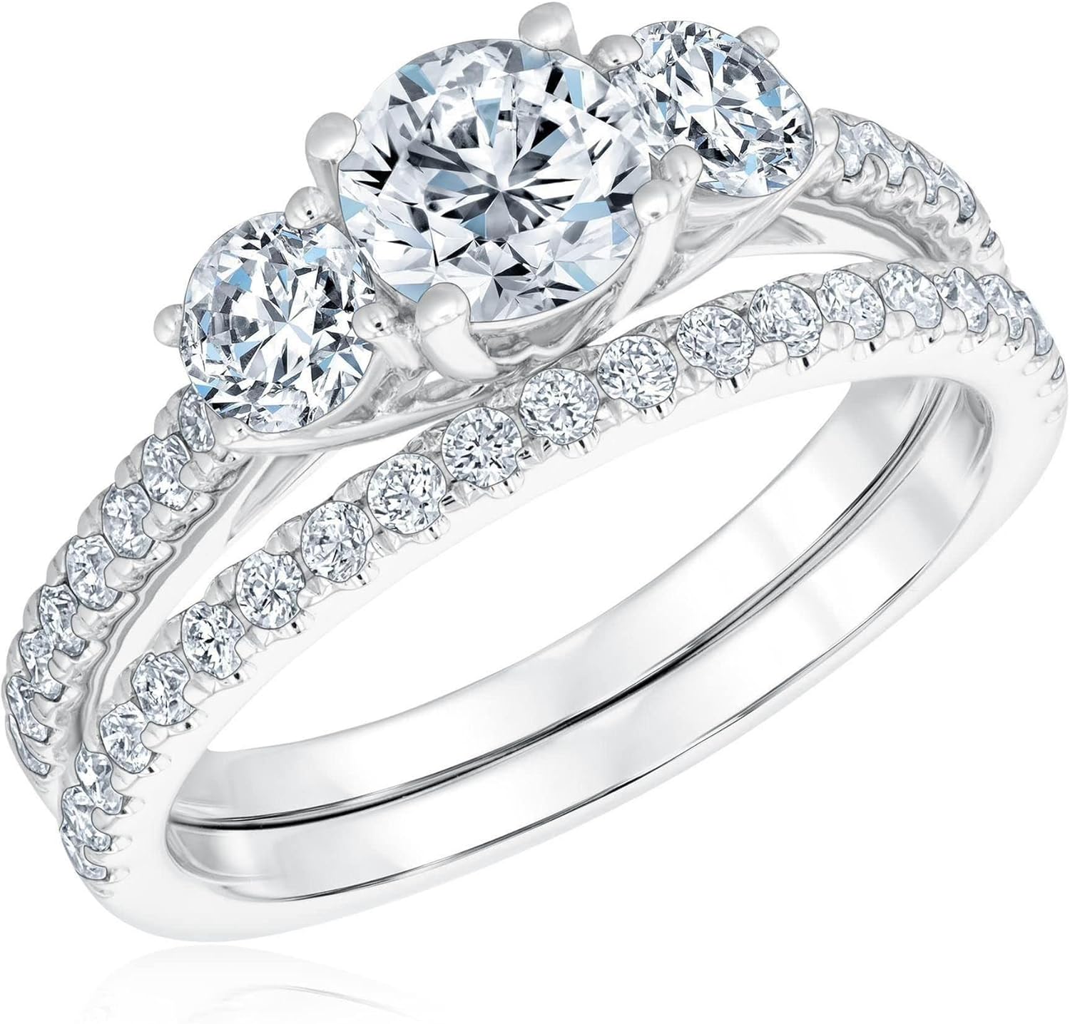 2 Carat (ctw) 3-Stone Bridal Set Moissanite engagement rings for women 10K 14k 18K gold ring Platinum Plated Silver Princess moissanite rings