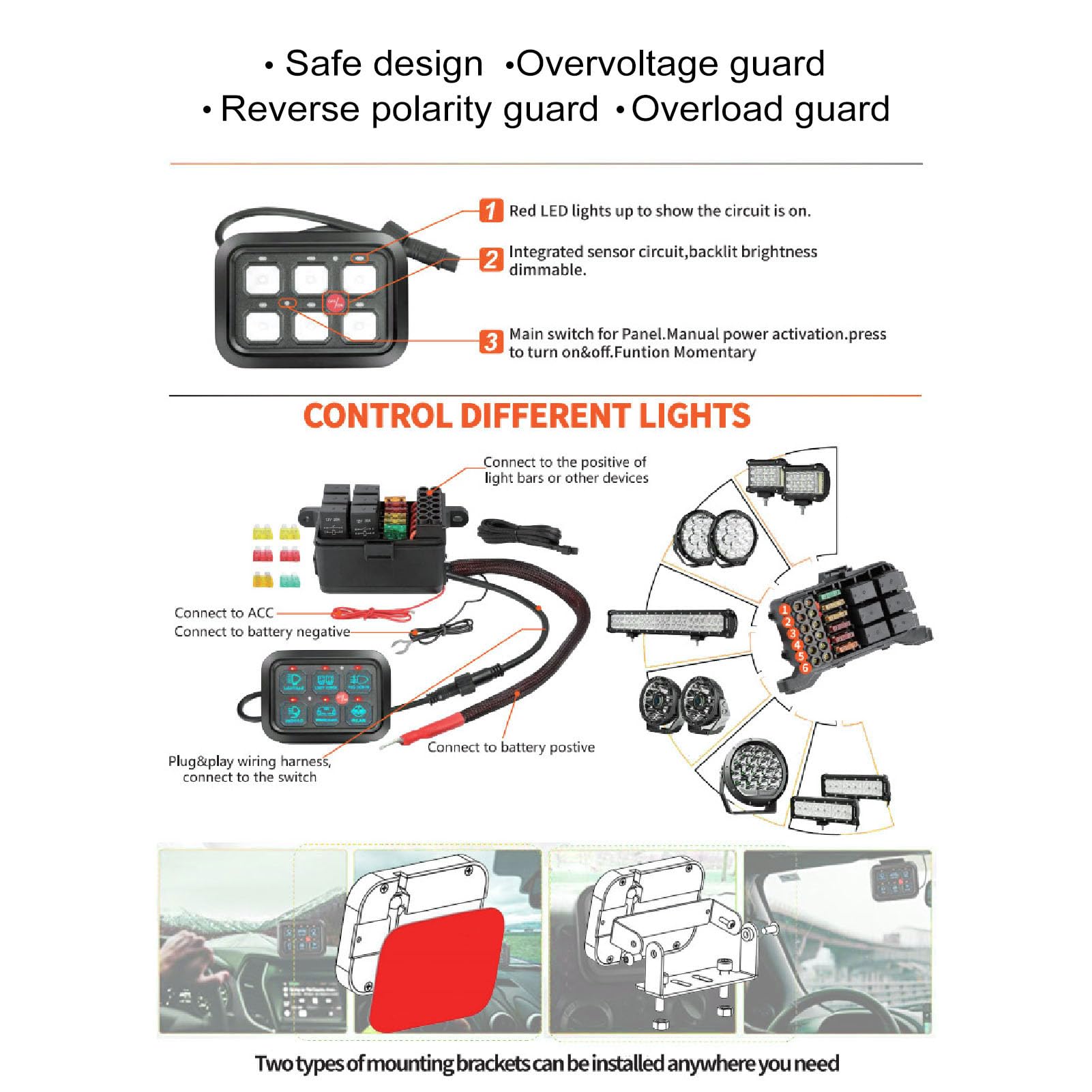 6 Gang 12V Panel Przełącznika z Przyciemnionym Podświetleniem Auto Regulowana Wtyczka Jasności i Odtwarzanie dla LED