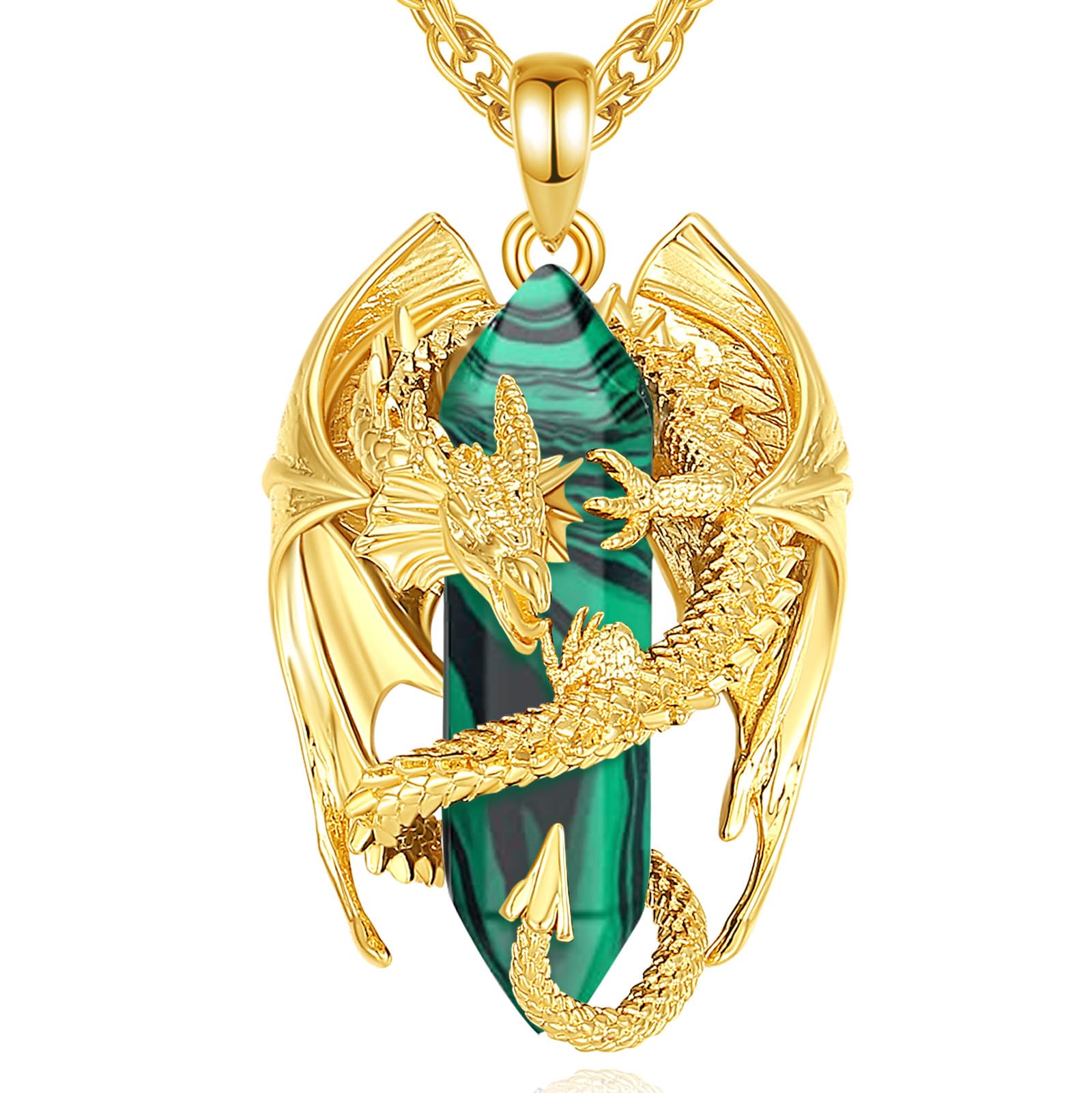 INFUSEU Dragon Jewelry for Men Women Malachite Stone Necklace Healing Green Crystal Pendant Large Spiritual Protection Gifts Cool Gothic Goth Punk