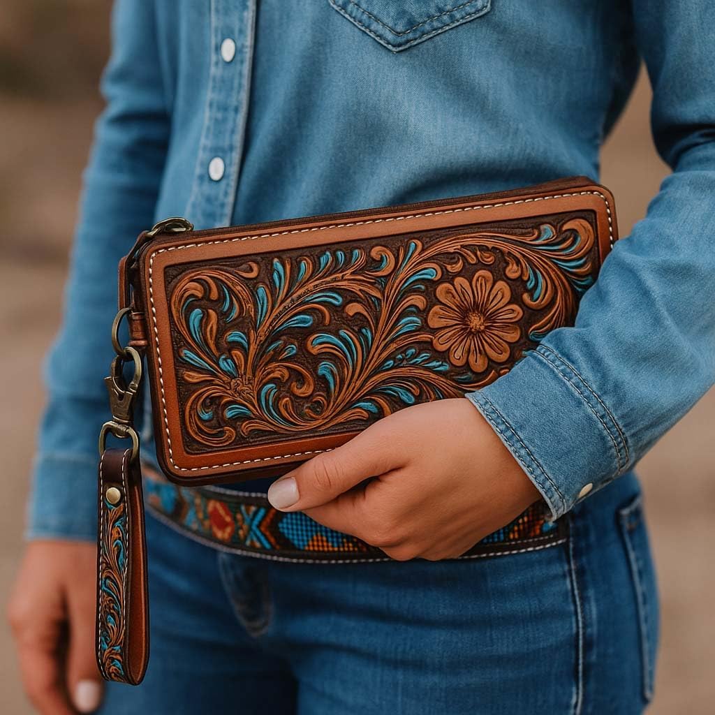 CHALLENGER Horse Western Tooled Handcrafted Leather Lanyard Strap Keychain Key Fob Wristlet 19FK image 3