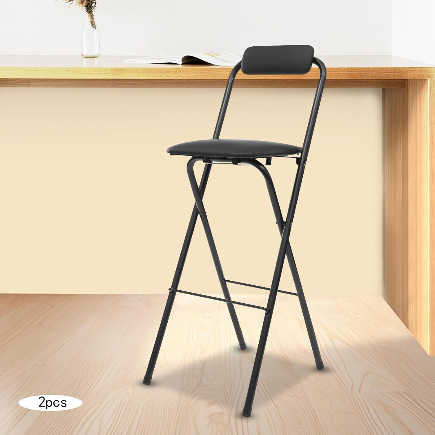 2 Pcs Folding Bar Chairs, Space Saving Foldable Bar Stools with Back, 29.53 Inch Seat Height, PU Cushioned, 275.58 lbs Load Capacity, for Home Pub Kitchen Counter Bar Table