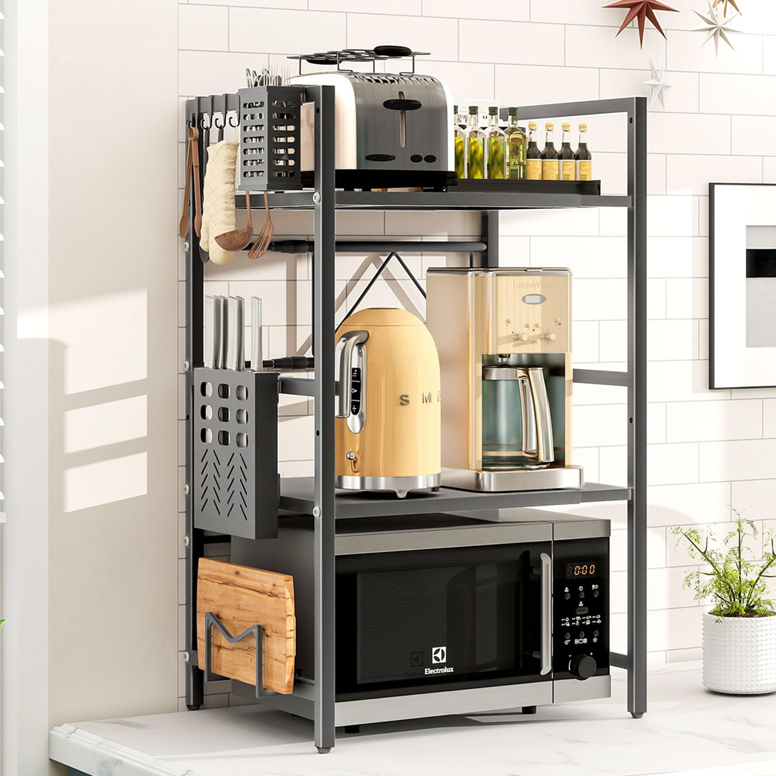LZNIOZ Expandable 3-Tier Microwave Shelf with Hooks & Holders – Adjustable Heavy-Duty Kitchen Counter Organiser with Knife Holder, Cutlery Box & Cutting Board Rack (Black)