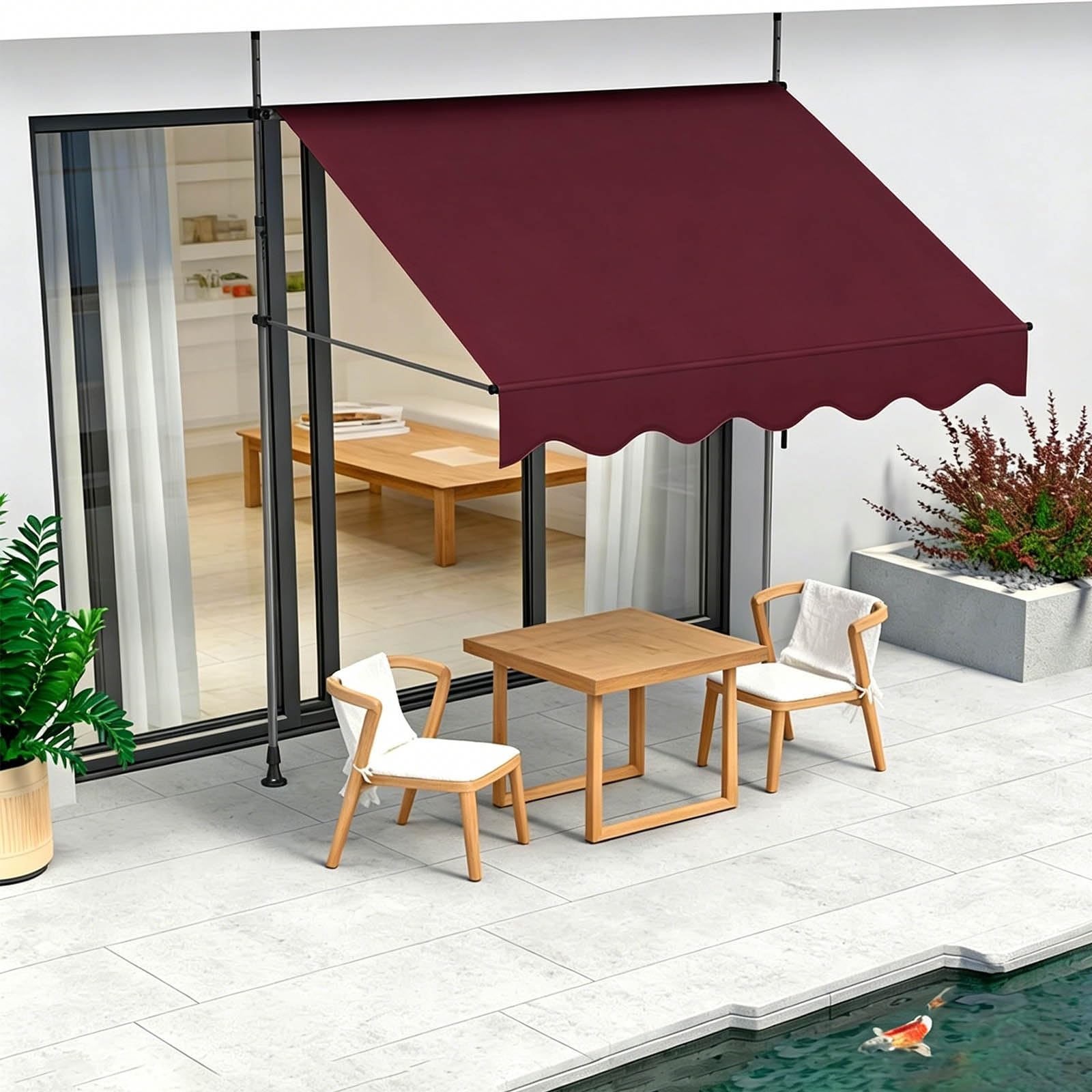 Patio z regulacją wysokości, ręczna ochrona przed promieniowaniem UV, chowana do okien i drzwi, idealna do ogrodu i balkonu na podwórko (czerwony, 300 x 120 cm)