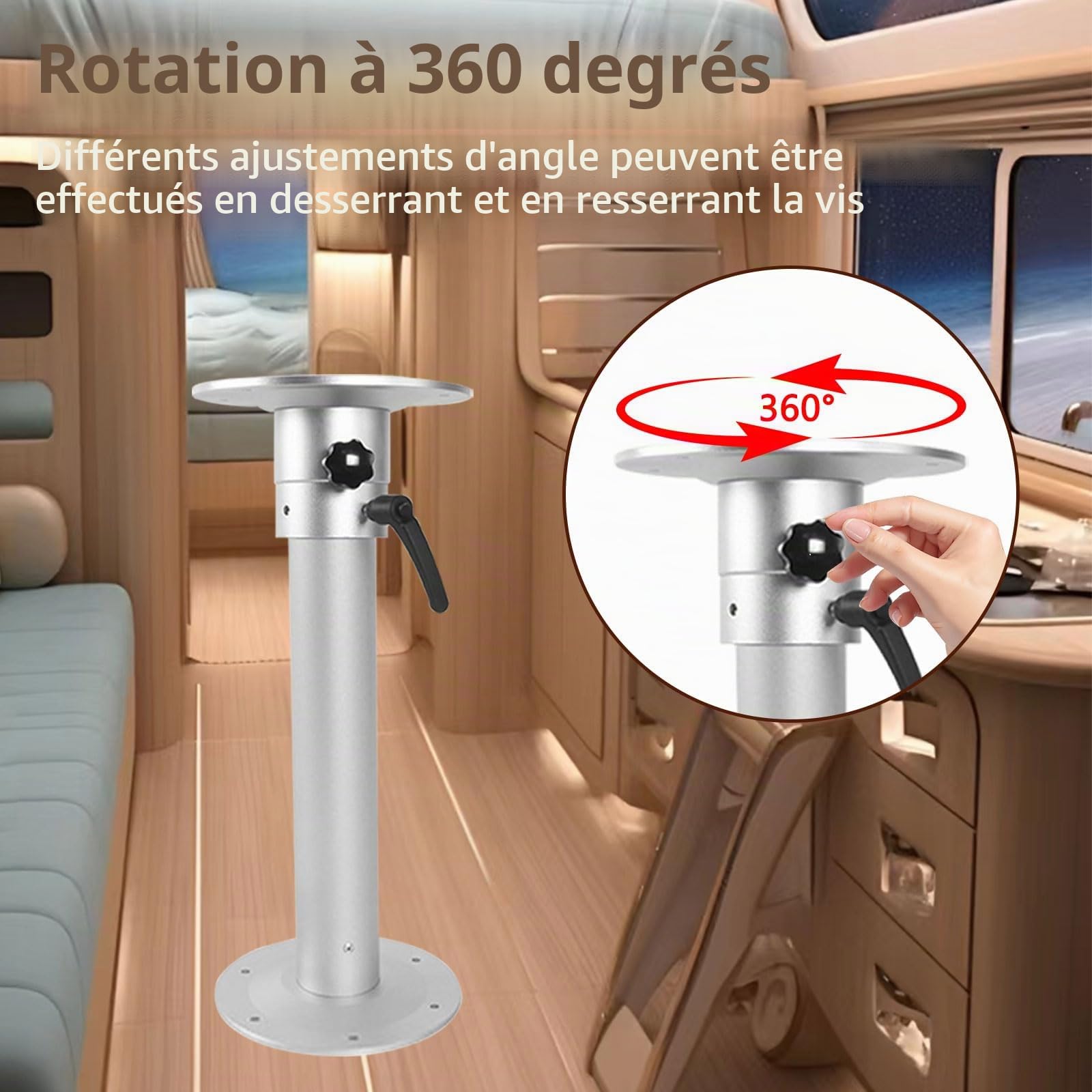 Socle de table réglable avec poignée économe en main-d'œuvre, réglable de 455 à 740 mm, kit de base de table en alliage d'aluminium rotatif à 360 degrés pour camping-car, caravane, bateau, yacht