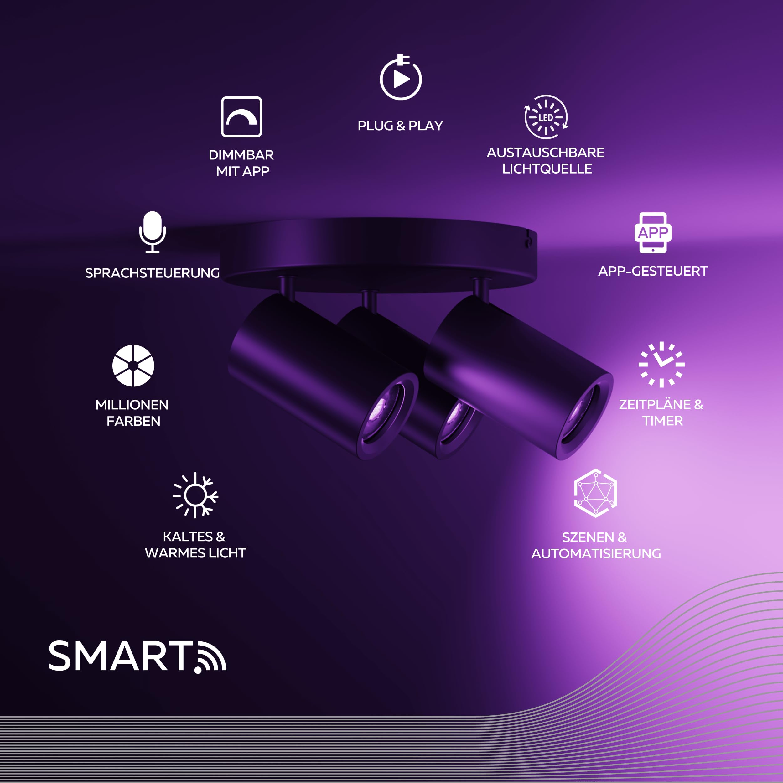 CALEX Smart LED Deckenstrahler, 3-flammig rund, schwenkbar, RGB-Farben & kalt- bis warmweiß Licht, dimmbar, WLAN App- & Sprachsteuerung, Schwarz